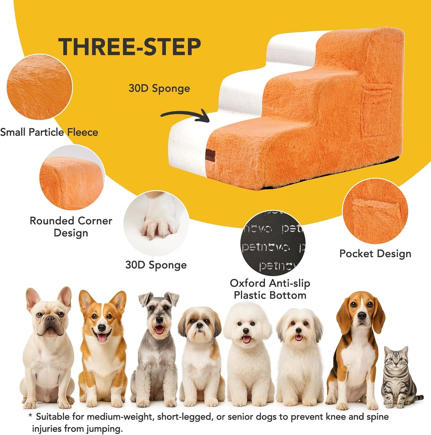 PETNOVO Ultra-Soft Rabbit Fur-Like Dog Stairs for Couch/Bed, Luxury Comfort 3-Step for Small & Senior Dogs, Non-Slip, Removable Washable Cover, Oeko-TEX Certified, 22.4" D x 15.7" W x 15.7" H, Orange