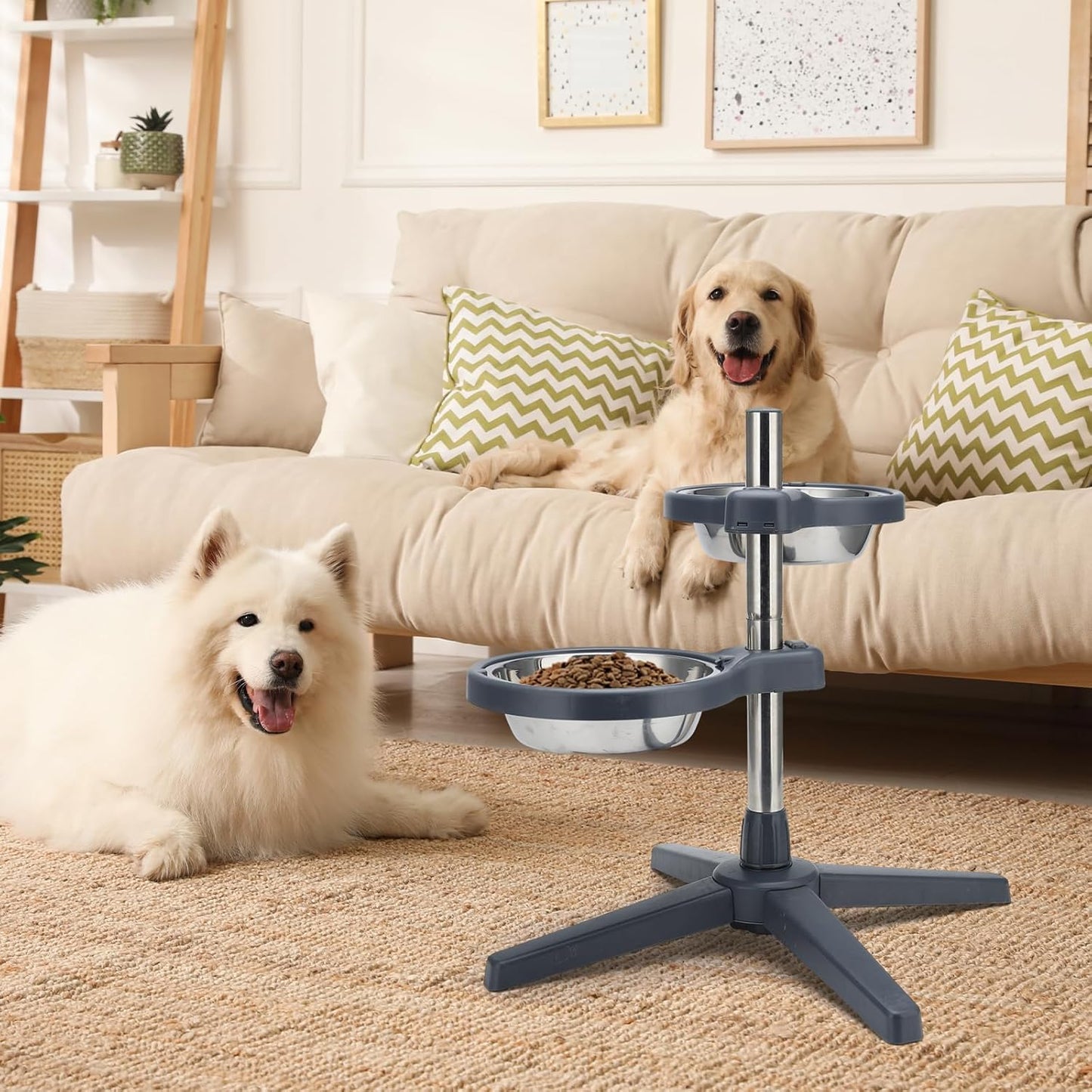 Elevated Dog Bowls Stainless Steel Elevated Dog Bowl Adjustable Height (5.51" to 17.72") Suitable for Medium Large Dogs & Cats Comes with 2 Stainless Steel Dog Bowls Diameter 7.87"