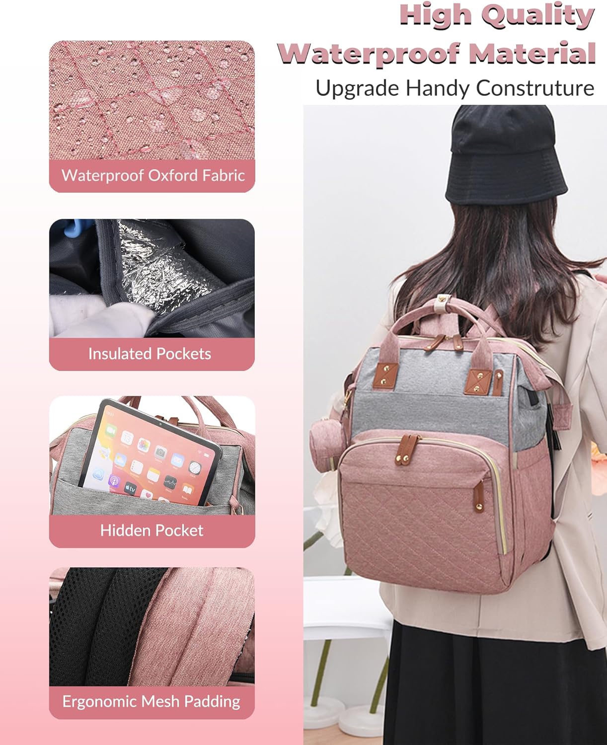 Diaper Bag Backpack with Changing Station, Waterproof Large Capacity, Baby Bag for Mom & Dad, 18 Pockets+USB Port, Foldable Changing Pad, Travel Backpack for Newborn Essentials, Baby Gift