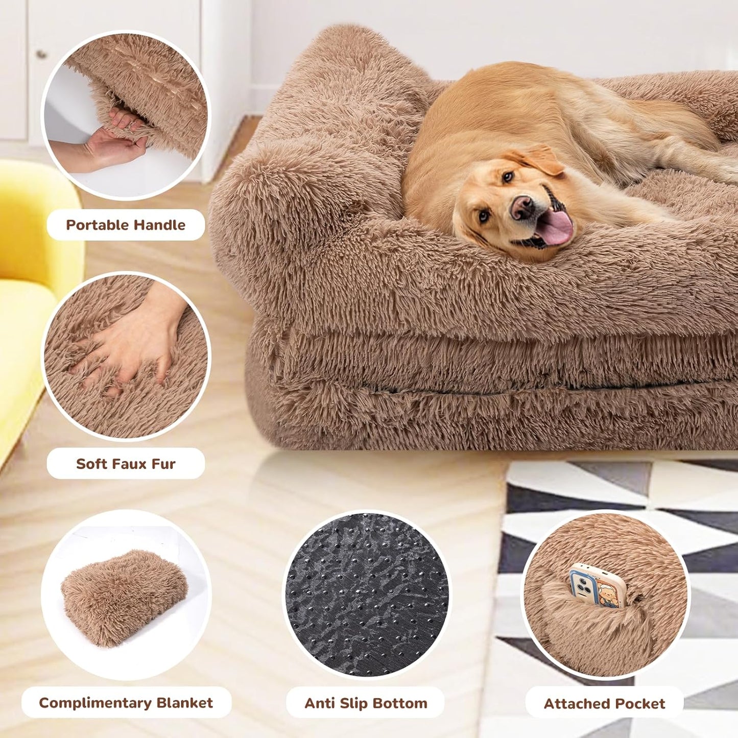 Foldable Human Dog Bed for Adults, Fluffy Human Sized with Blanket, Orthopedic Washable Dog Bed with Memory Foam and Water Repellent Liner for Pet (Brown, 72 * 44 * 10 inch)