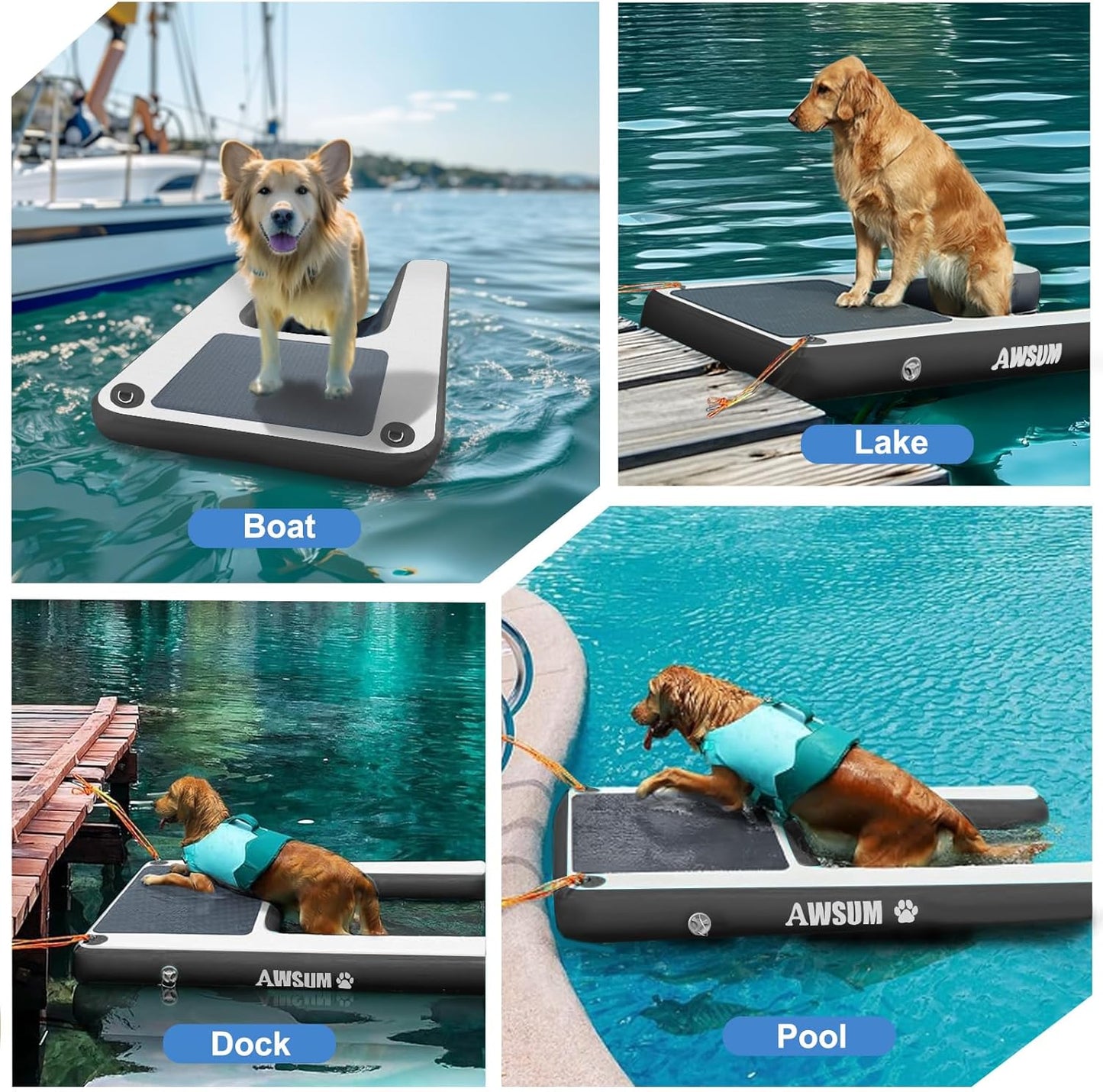 AWSUM XL Inflatable Dog Water Boat Ramp Dock Floating for Dogs Up to 280LBS On Water Float Ladder Steps for Lakes Easy Access Dog Pool Ramp