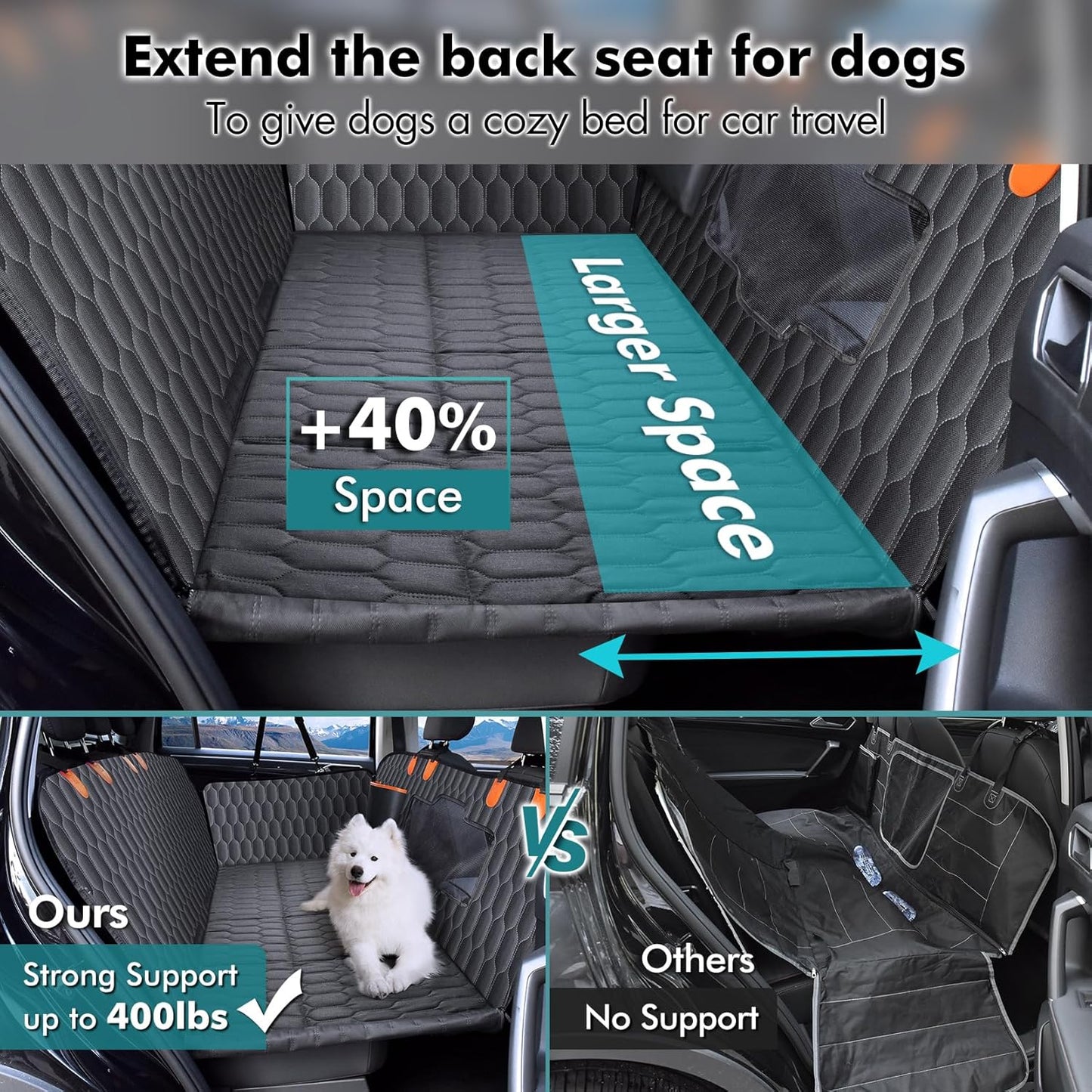 Back Seat Extender for Dogs-Supports 400lb,Waterproof Dog Car Seat Cover Hard Bottom-Detachable,600D Heavy Duty Scratch Proof Nonslip Soft,Dog Hammock for Car,SUVs