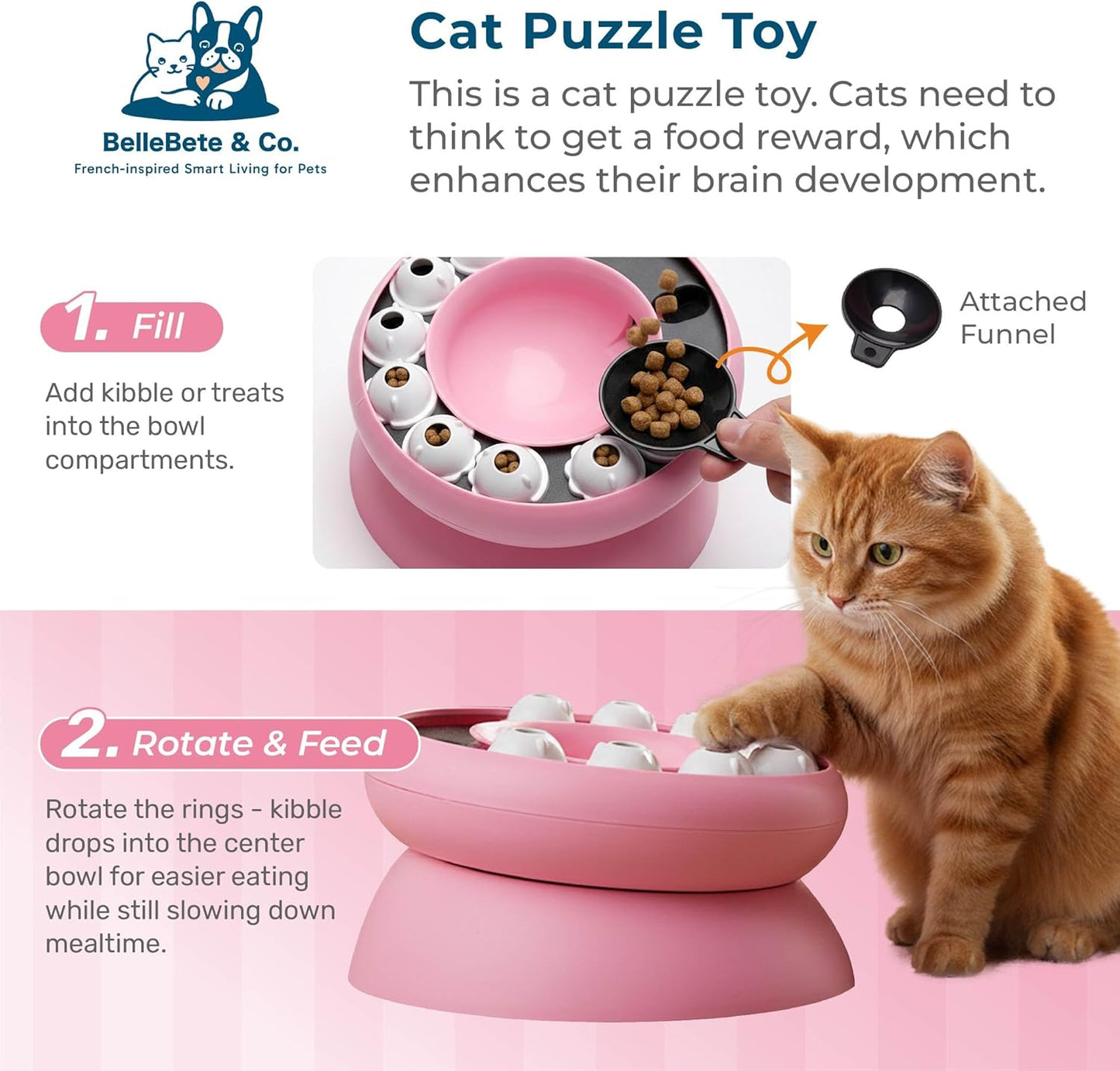 BelleBête & Co. 2-in-1 Elevated Cat Slow Feeder Bowl – 15° Tilted Interactive Puzzle Feeder with Rotate-to-Feed & Non-Slip Base, Anti-Gulping & Digestive Health for Indoor Cats | Pink