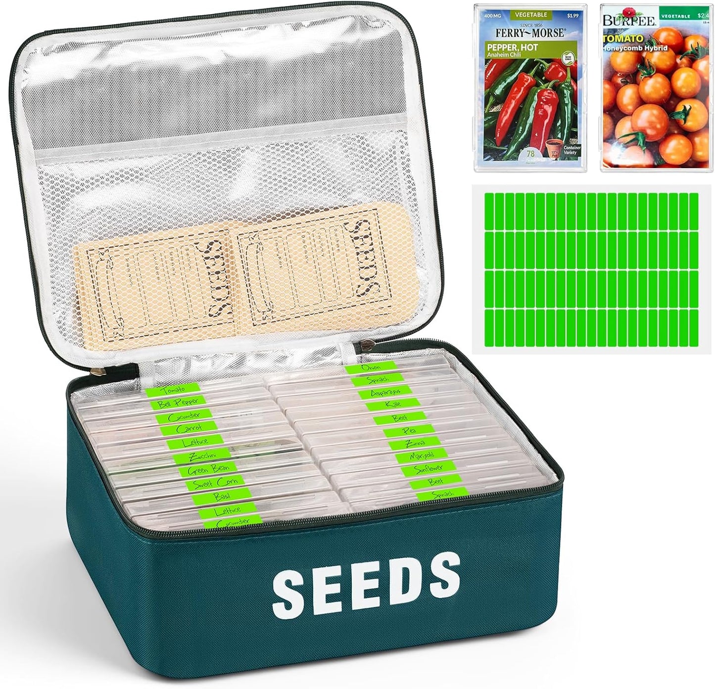 22 Slots Seed Storage Organizer Box with & 30 Seed Envelopes, Large Capacity Seed Packet Organizer Case with Labels, Portable Waterproof Garden Seed Storage Kit for Vegetable Flower Seeds, Green