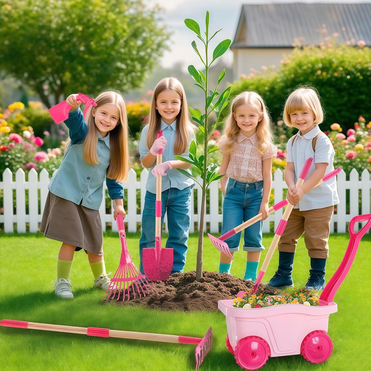 Kids Gardening Tools Outdoor Toys Set - Wheelbarrow Backyard Play Set for Kids with Shovel, Rake, Leaf Rake, Summer Yard Digging Weed Toys, Easter Birthday Gifts for Boys Girls Age 2 3+ Years Old