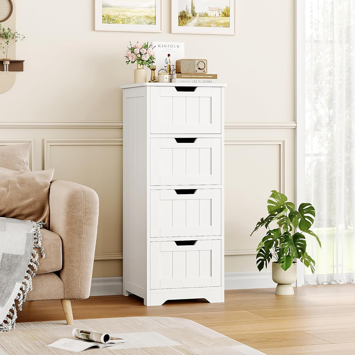 FOTOSOK Bathroom Storage Cabinet, Bathroom Cabinet with 4 Drawers, 11.8” x 11.8” x 32.5” Freestanding Entryway Cupboard Storage Organizer Unit Home Furniture Decor, White