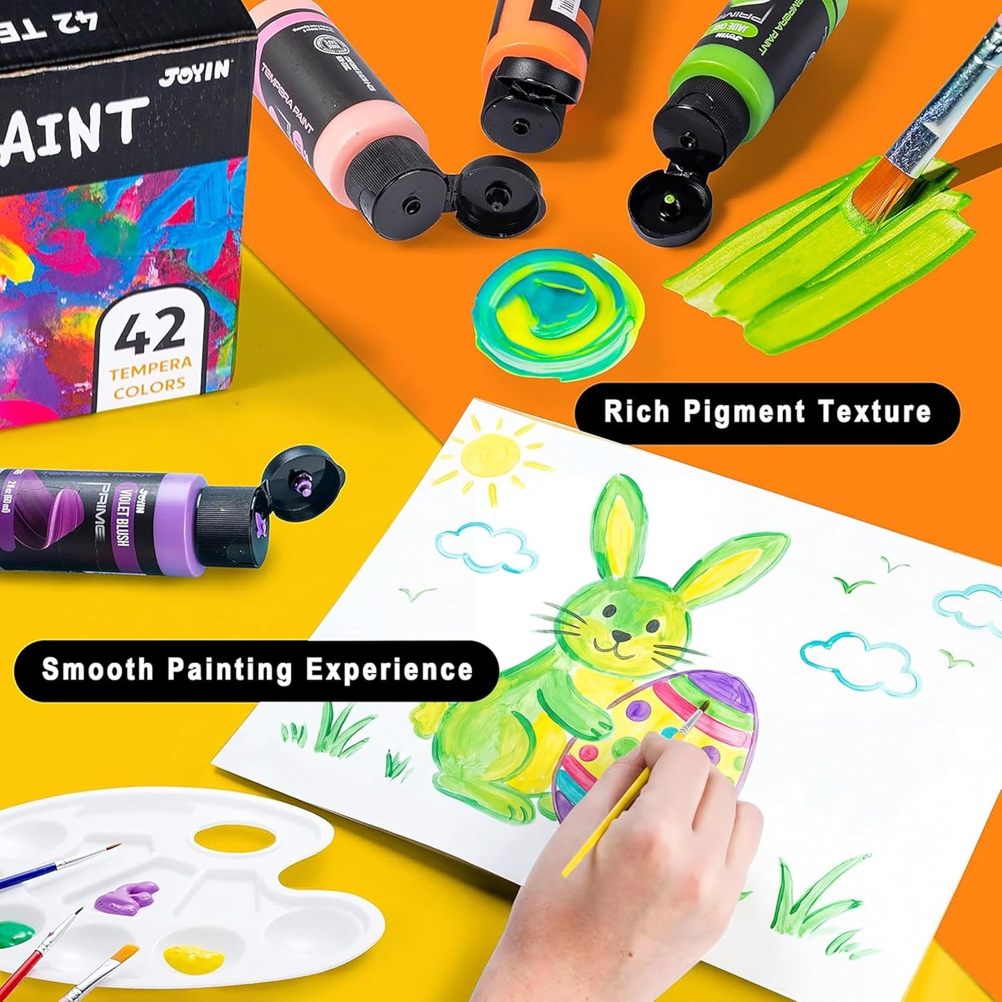 JOYIN Washable Tempera Paint Set for Kids 42PCS, Non Toxic Liquid Paint with 15 Brushes and 4 Palettes - Art Supply for Kids for Arts and Crafts Project, Finger Painting (2 oz Each), Easter Basket Stuffers