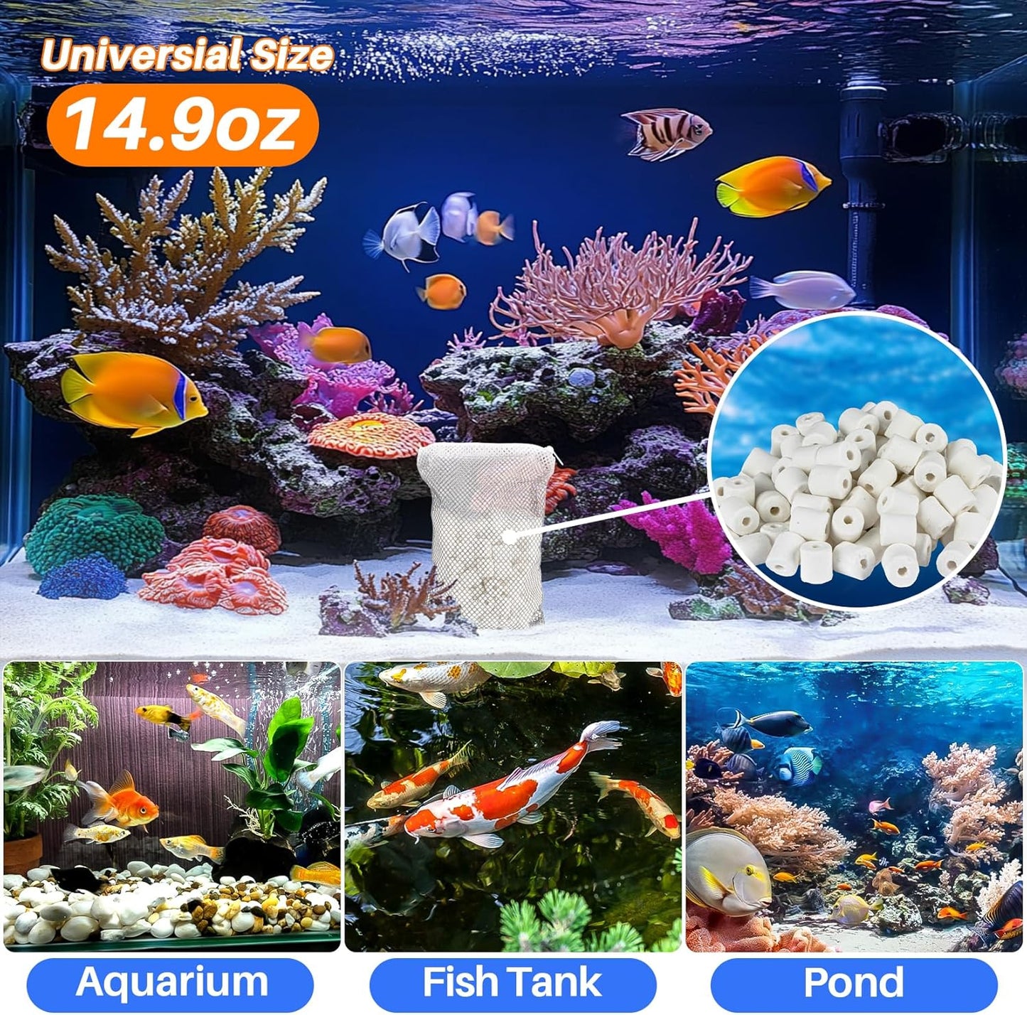Sukh 3 Bags Ceramic Rings for Aquarium Filter - 425g Bio Ceramic Media Balls Replacement Biological Material Remover for Aquarium,Fish Tank,Pond,Canister Filter with 3 Mesh Bags