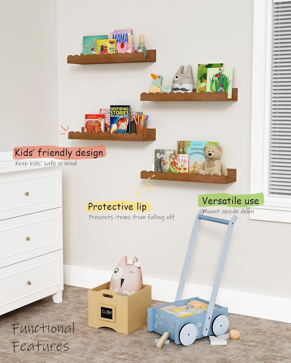 Walnut Nursery Book Shelves Wall Set of 4, Dark Wood Scalloped Floating Bookshelf for Wall, Cloud Wooden Hanging Shelving Unit for Kids Bedroom Baby Child Toddler Room Kitchen (Walnut Brown)