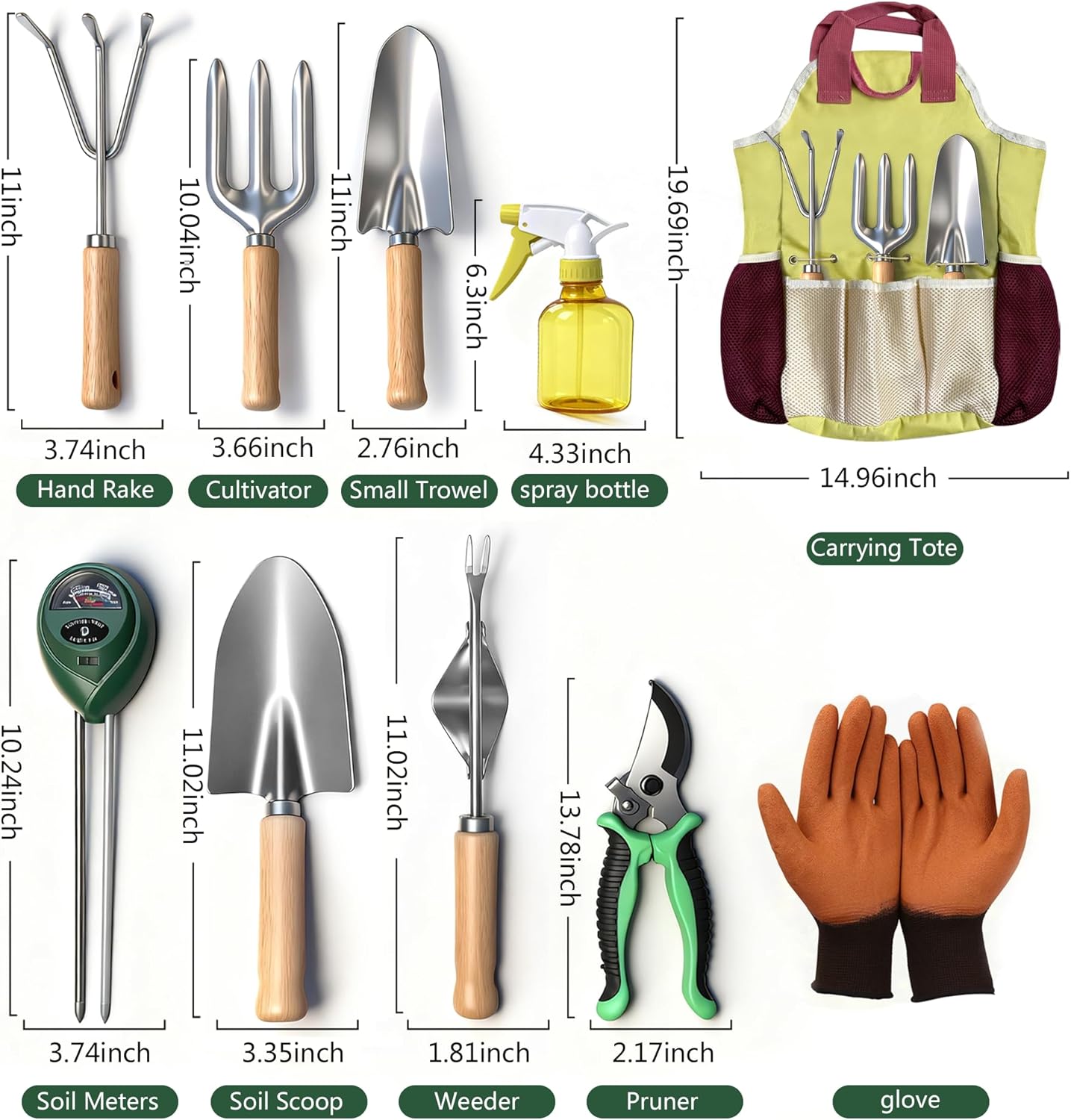 Garden Tool Set,10 Pcs Heavy Duty Gardening Hand Tools Set with Soil Moisture Meter and Storage Tote Bag,Rust-Proof Garden Supplies Kit for Planting,Ideal Gardening Gifts for Women