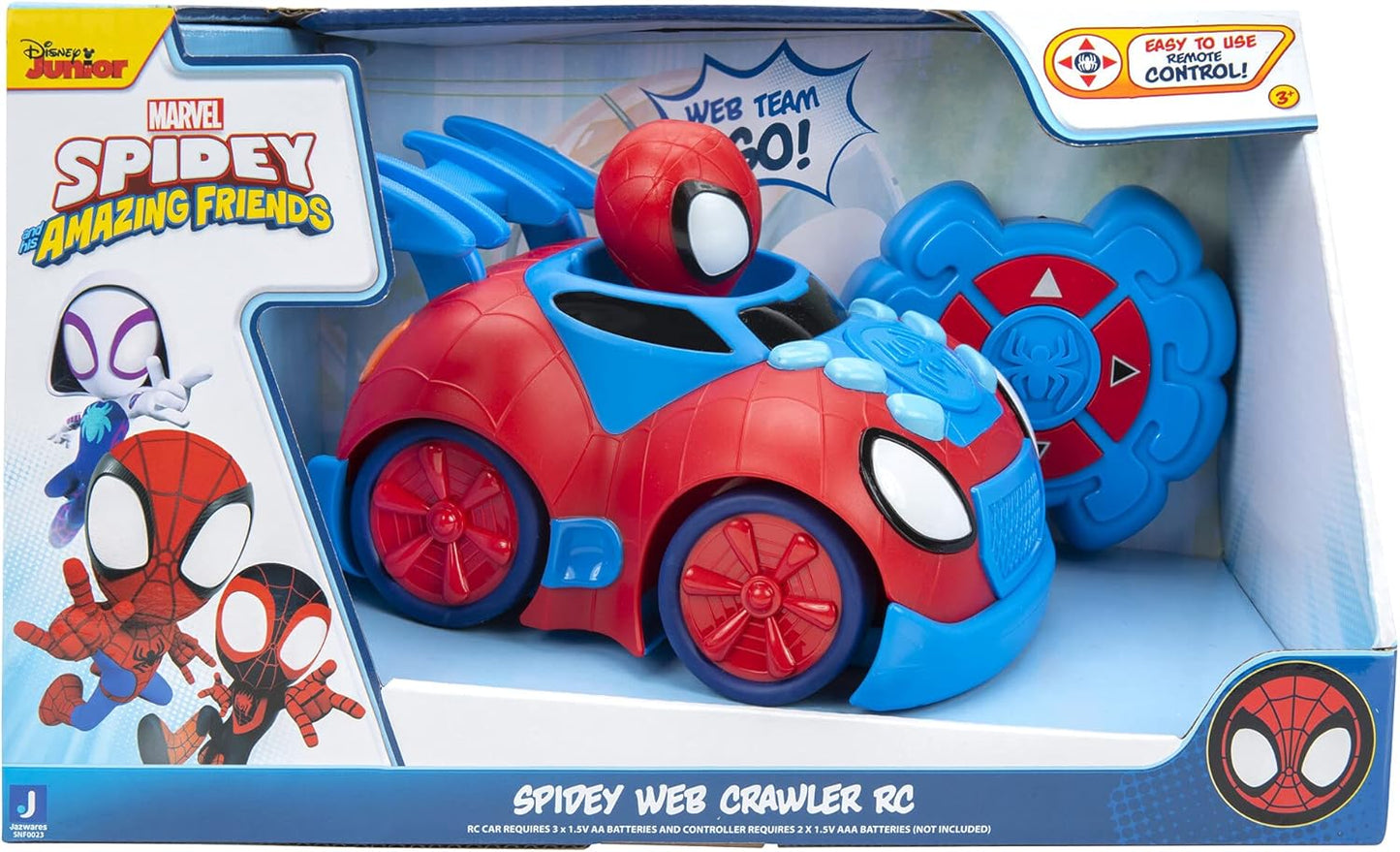 Jazwares Marvel Spidey and His Amazing Friends Web Crawler RC - Remote-Controlled Vehicle - Features Built-in Super Hero with 4 Controller Functions, Blue & Red