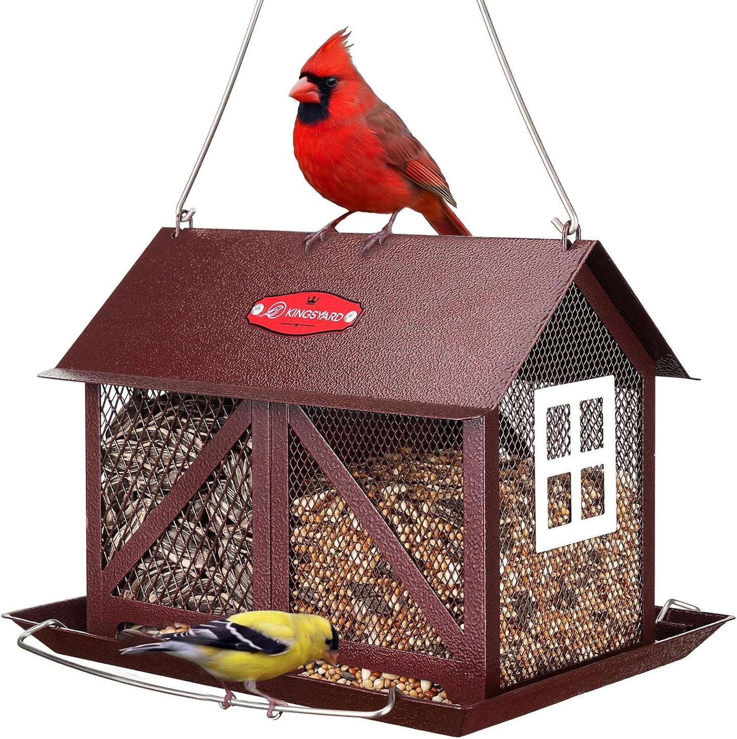 Kingsyard Metal Bird Feeder for Outdoors Hanging, 2-in-1 Wild Bird Feeder with Seed Tray & Built-in Perch, 5 lb Large Capacity for Cardinal Chickadee Finch, Bronze