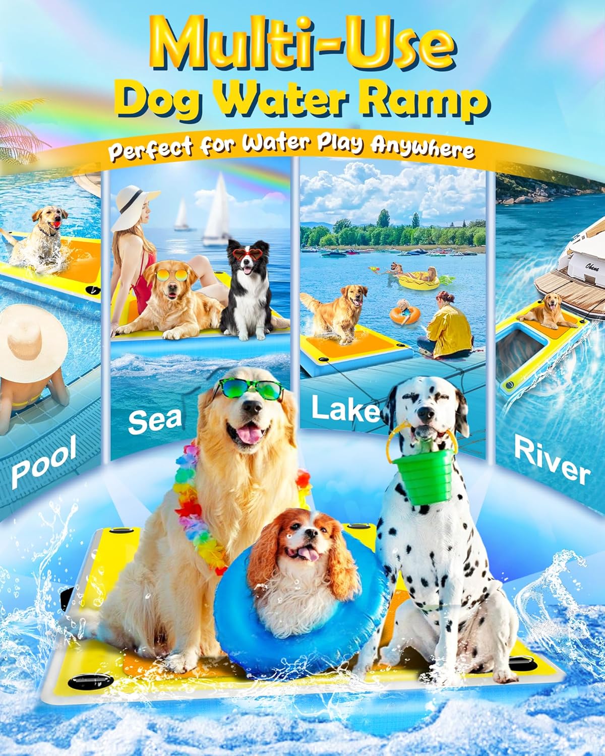 Inflatable Dog Ramp – 60"x40" Extra Large Boat Ramp for Dogs Up to 240 lbs, Non-Slip Puncture-Resistant Inflatable Dock Floating Platform, Pool Floats Platform for Lakes, Boats, Lake, Trip