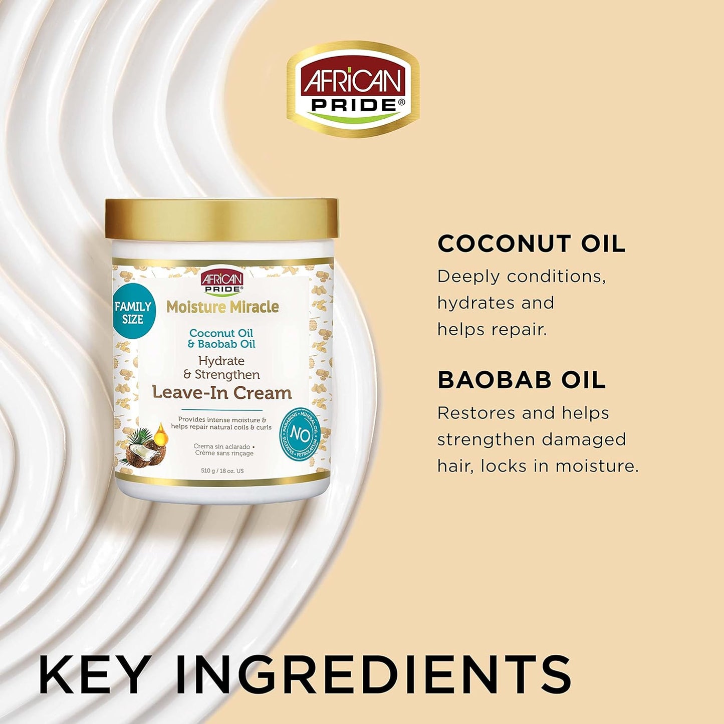 African Pride Moisture Miracle Leave-In Cream with Baobab Oil & Coconut Oil for Coily & Curly Hair, Adds Moisture, Helps Repair & Strengthen, 18 oz