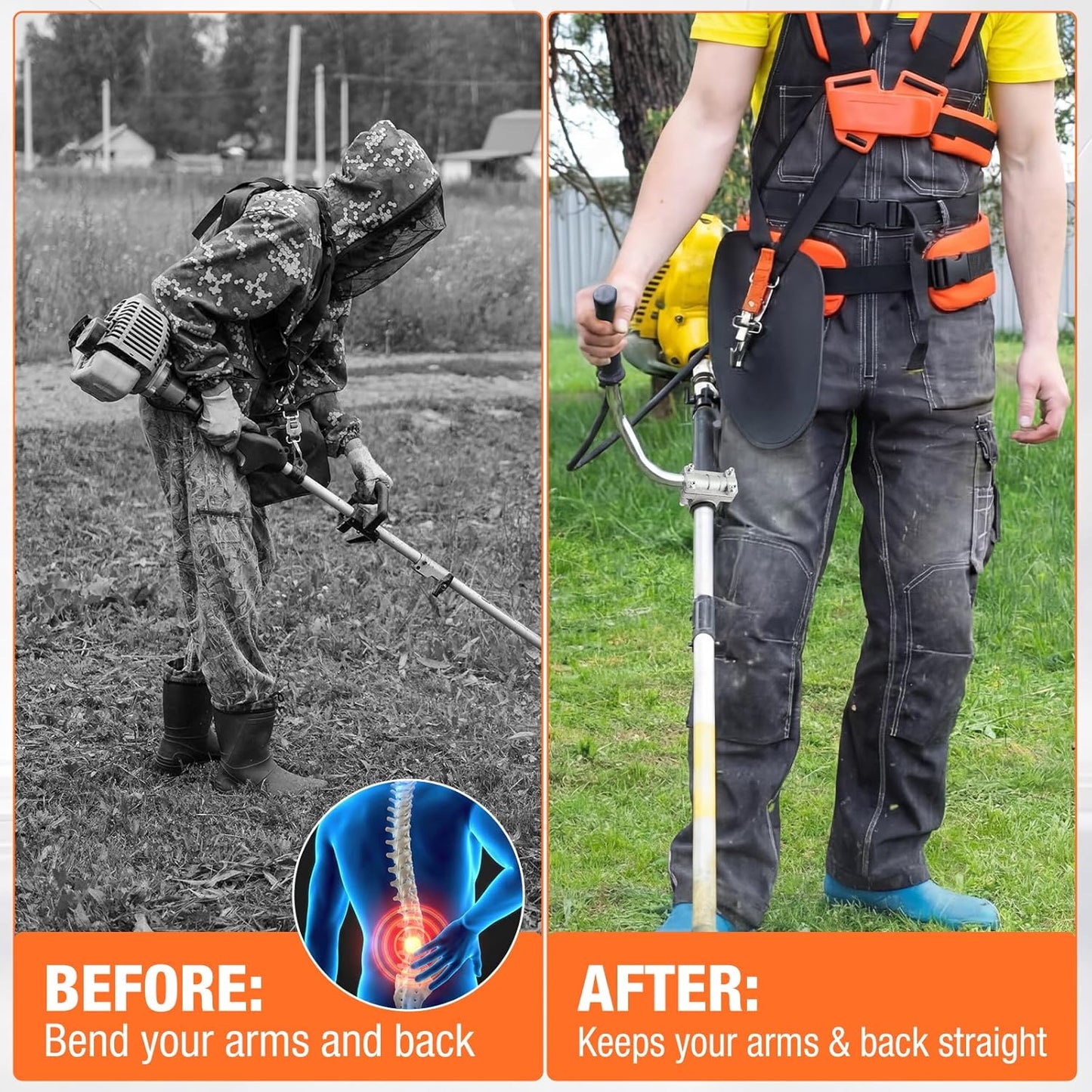 Trimmer Shoulder Strap Padded Universal Adjustable, String Trimmer Harness, Nylon Double Shoulder, Ergonomic Handle Grip for Weed Trimmers, Extension for Lawn Care, Landscaping