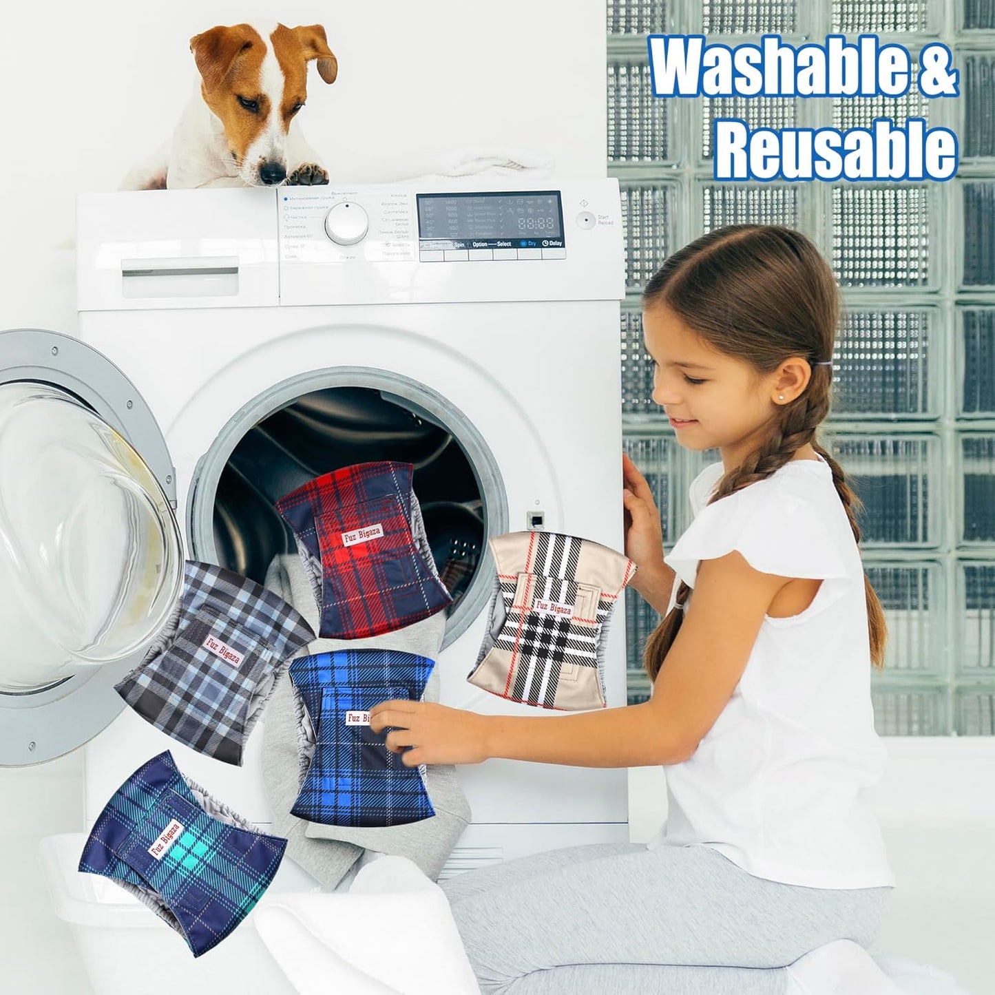 5 Pack Male Dogs Diapers, Washable Reusable Premium Belly Bands for Male Dogs, High Absorbing Male Dog Pee Wraps for Doggie in Incontinence or Excitable Urination and Training Grid Middle