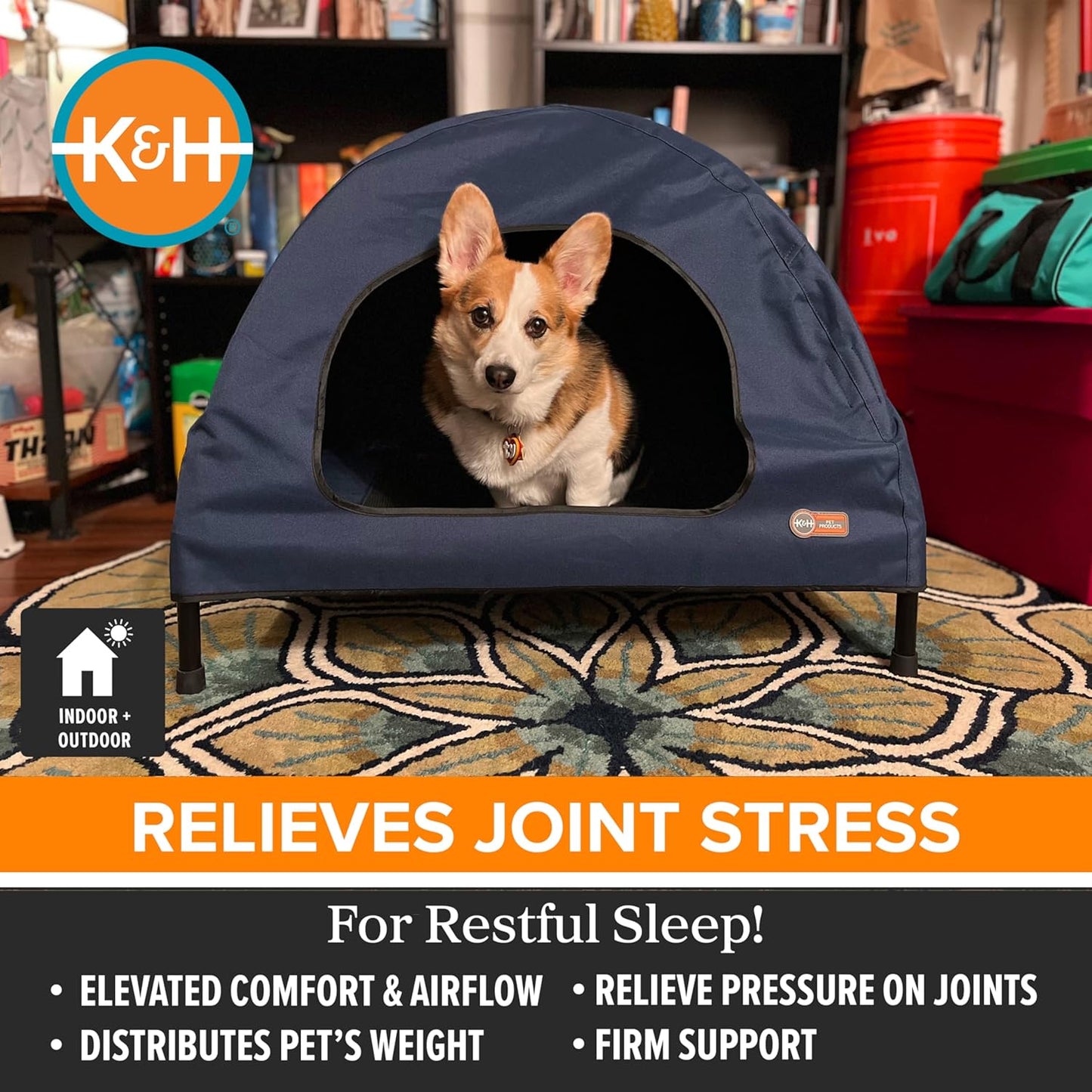 K&H Pet Products Pet Cot House for Medium Dogs, Outdoor Elevated Dog Cot House, Enclosed Canopy, Window Flaps for Air Flow, Washable Cover, Raised Metal Frame, Collapsible - Medium 32 X 25in Blue