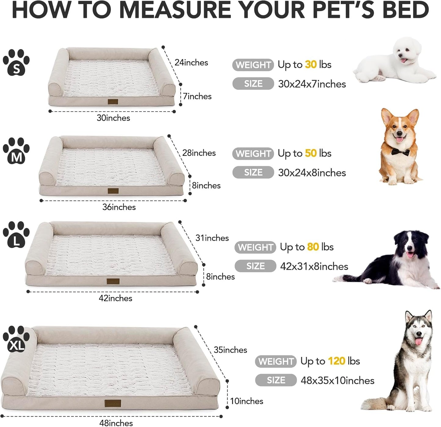 Deconovo Sofa Dog Bed with C-Shape Bolster, Supportive Eggrate Foam, PV Velvet Top, Anti-Slip Waterproof Bottom, Zippered Washable Cover, Large Dogs & XL Options, Khaki, 42x31x8 Inches