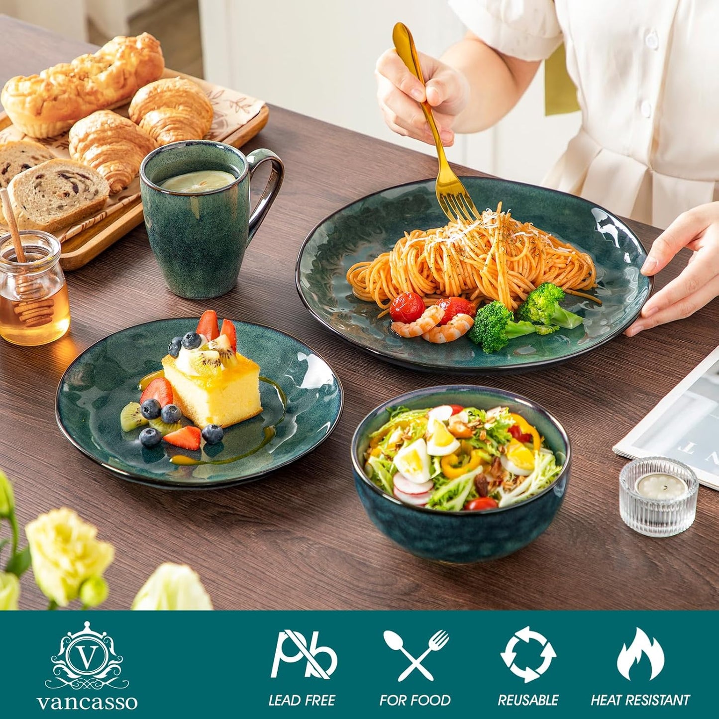 vancasso Ceramic Dinnerware Sets for 4, 16 Pieces Handmade Reactive Glaze Dishes Set, Elegant Stoneware Plates and Bowls Sets with Mugs, Dishwasher and Microwave Safe, Starry Green