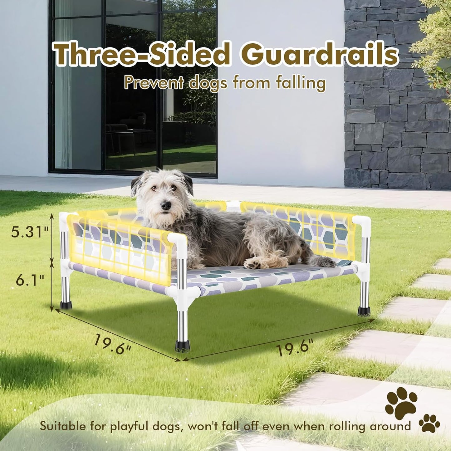 Elevated Dog Bed, Cooling Outdoor Dog Cot with 3-Sided Guard Rails, Raised Pet Bed for Indoor and Outdoor, Durable & Breathable(19.8" L x 19.8" W x 5.9" Th)