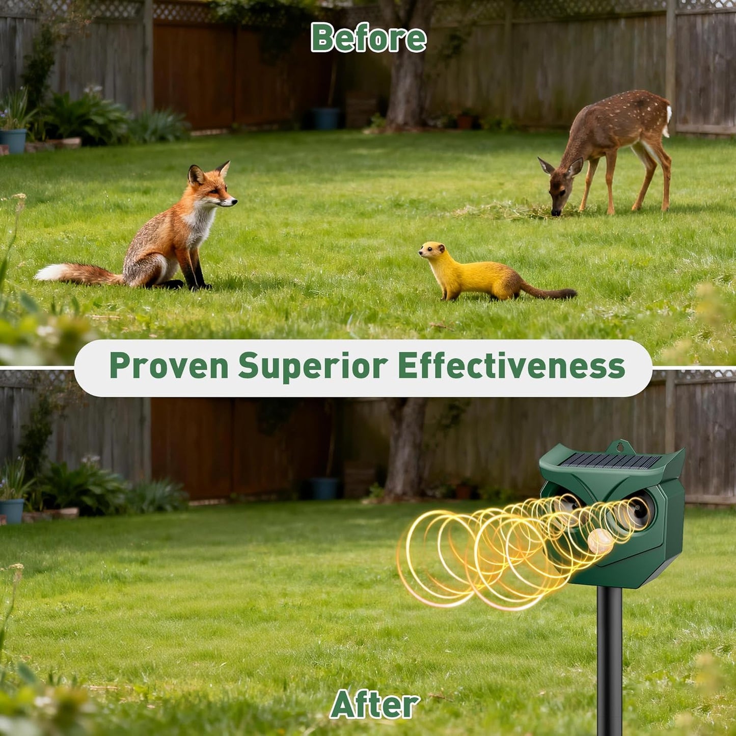 Ultrasonic Animal Repeller with LED Strobe Lights - Outdoor Solar Powered for Squirrels, Deer, Raccoons, Rabbits, Skunks, Cats, Dogs - Protects Garden, Yard, Lawn, Farm & Crops