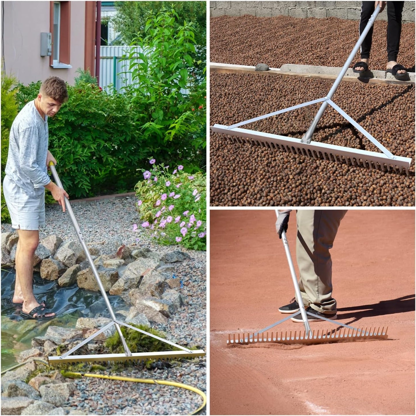 Landscape Rake 36'', Aluminum Rakes with Lightweight 69'' Handle, Landscaping Rake Tool for Lawn Care, Beach