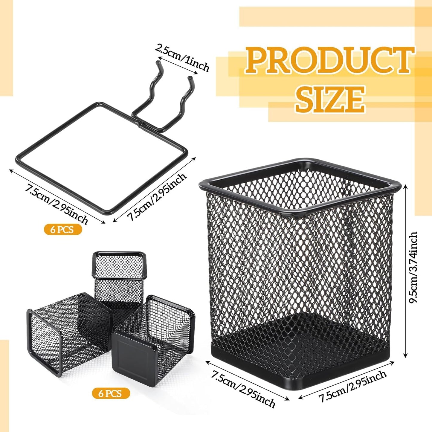 6 Sets Pegboard Cups with Hooks Pegboard Pencil Holder Bin Organizer Black Square Peg Board Accessories Metal Pencil Holder Cup for Home Office Workbench Craft Room Workshop Garage Tool