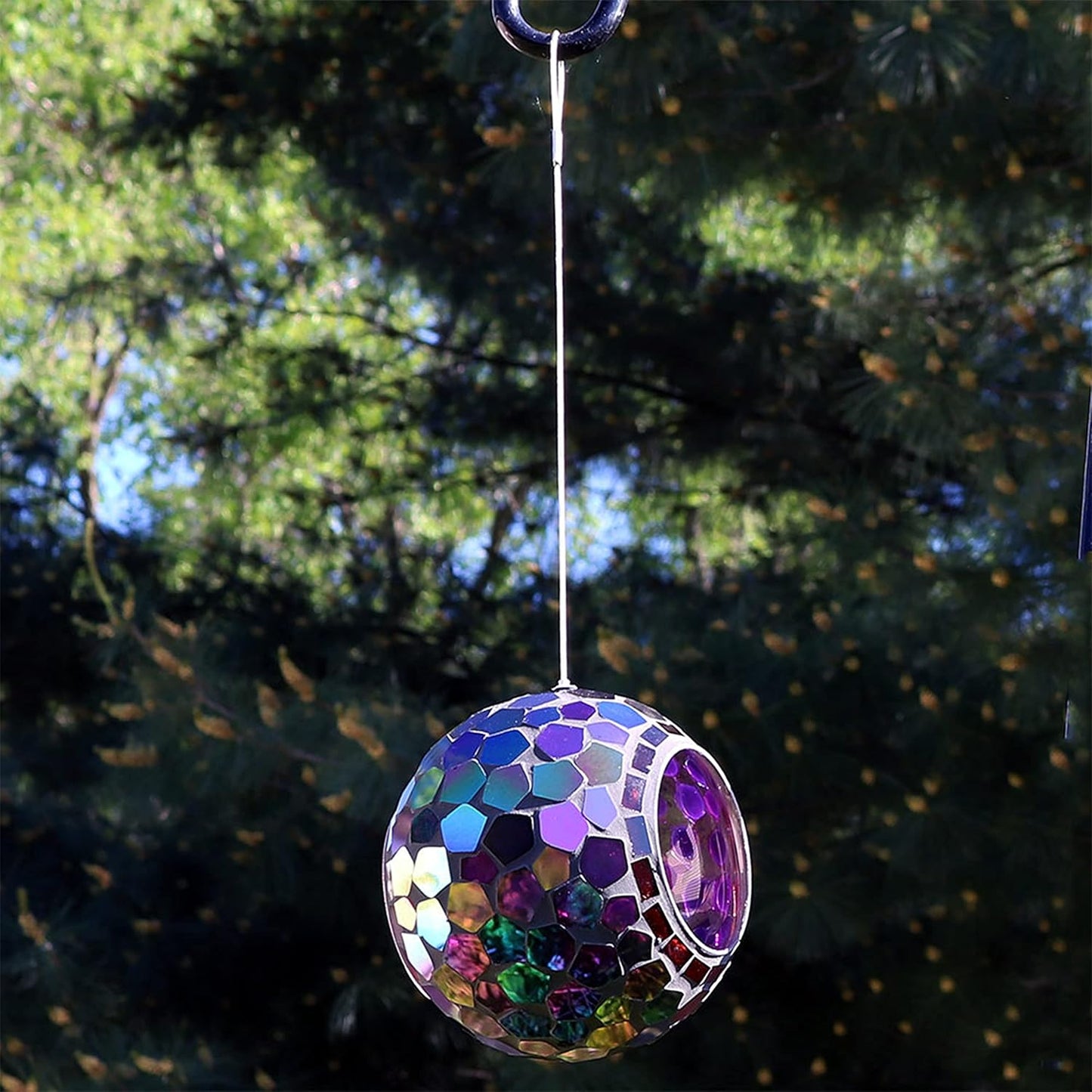 Sunnydaze 6-Inch Glass Mosaic Hanging Bird Feeder for Outdoors - Fly-Through Wild Bird Feeder - Iridescent Purple Mosaic