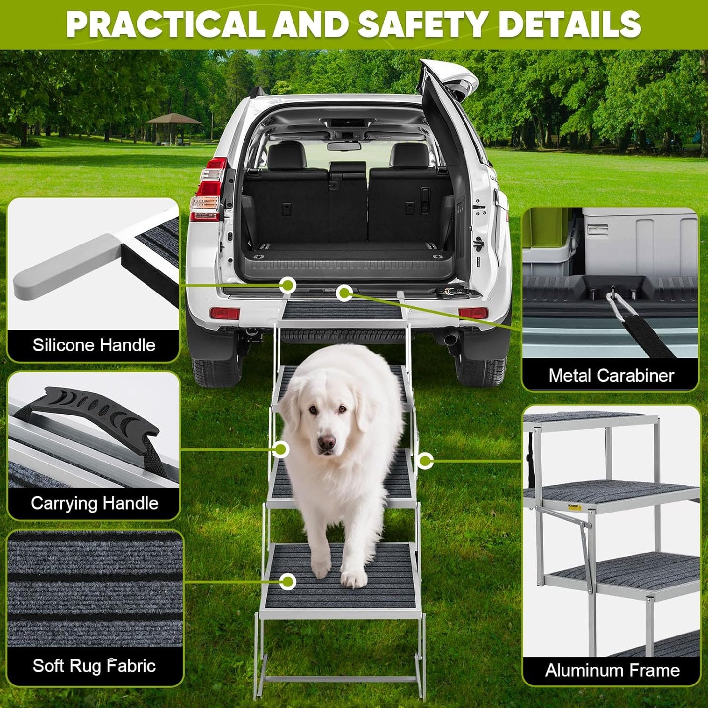 Extra Wide Dog Stairs for Large Dogs, Dog Stairs for Cars, Foldable Dog Ramp,Light Weight Aluminum,High Beds,for SUV Trucks, Supports up to 200 lbs