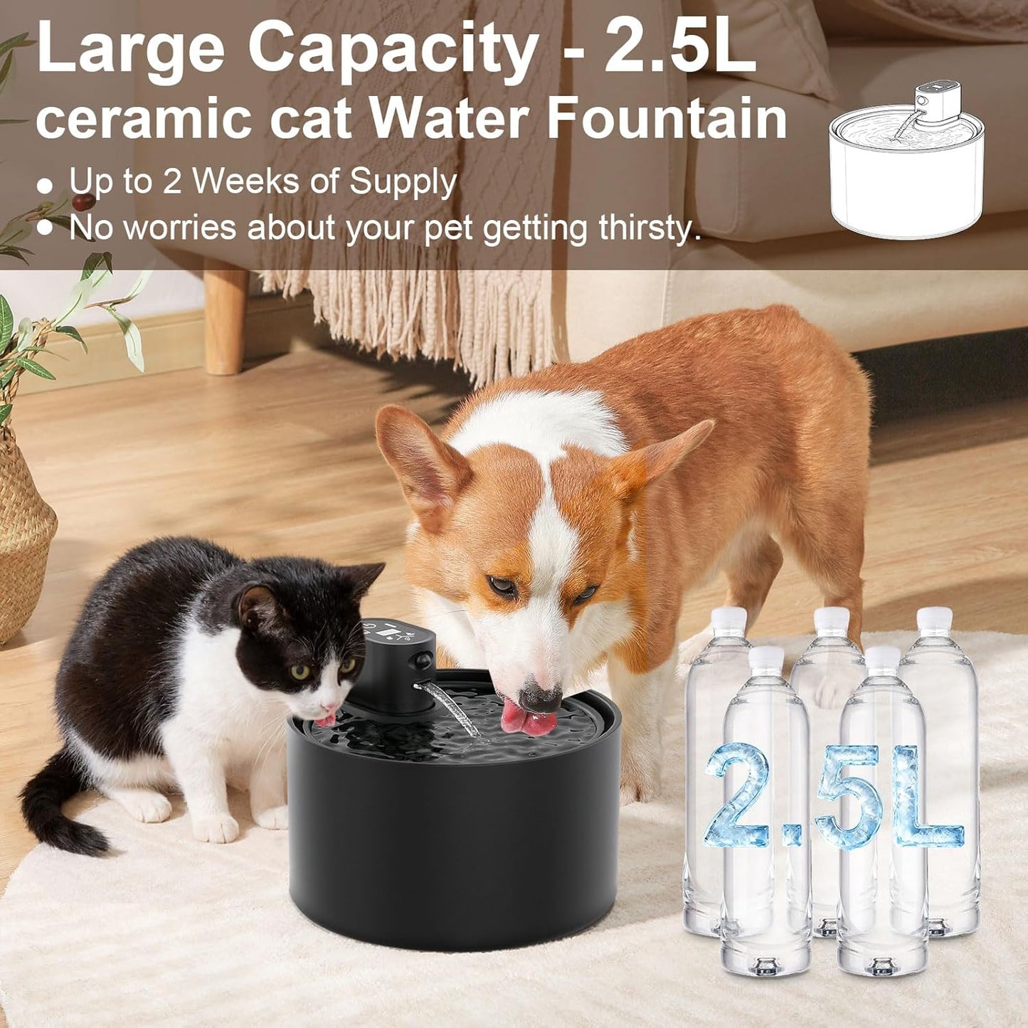 Automatic Ceramic Cat Water Fountain, 2.3L Cordless Pet Water Dispenser with Temperature & Water Level Display, 3 Drinking Modes,Ultra-Quiet Pump, for Cats, Dogs, Multiple Pets (Black)