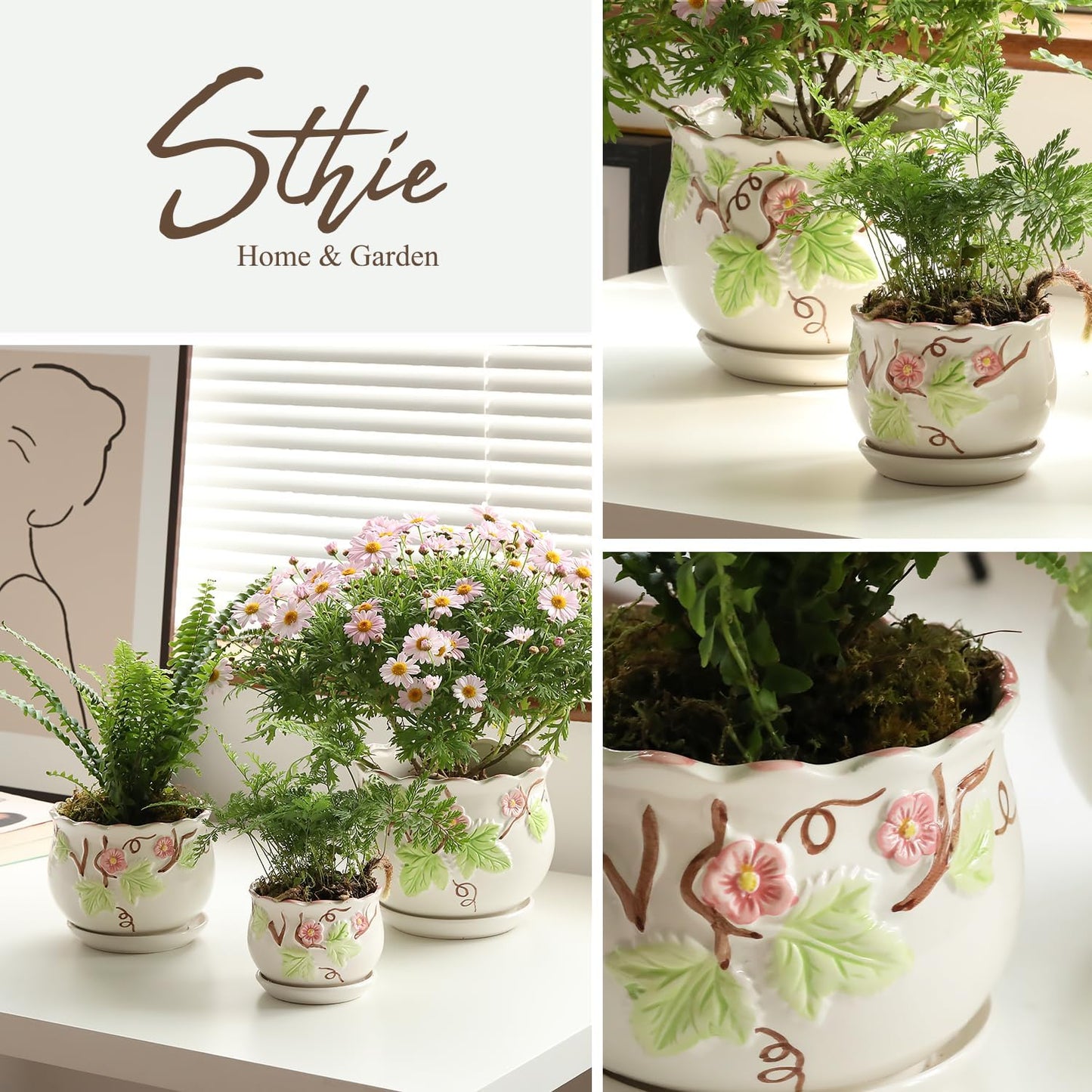 Ceramic Plant Pots with Drainage Holes and Saucers, Round Flower Pots for Indoor Plant, 4/5.2/6.6 Inches Vintage Flower Planters Set of 3
