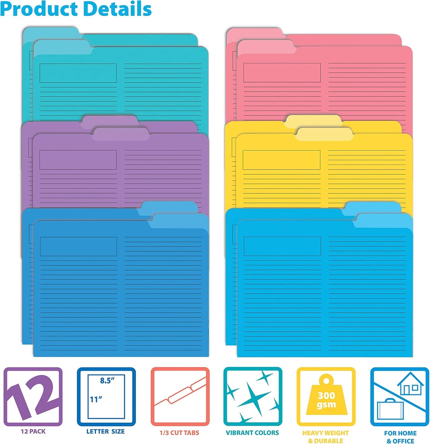 Better Office Products Lined File Folders, 12 Pack, Heavyweight, 1/3 Cut Tabs, 6 Vibrant Colors, Top Custom Subject Box, Letter Size Folders, 9.5" x 11.5",
