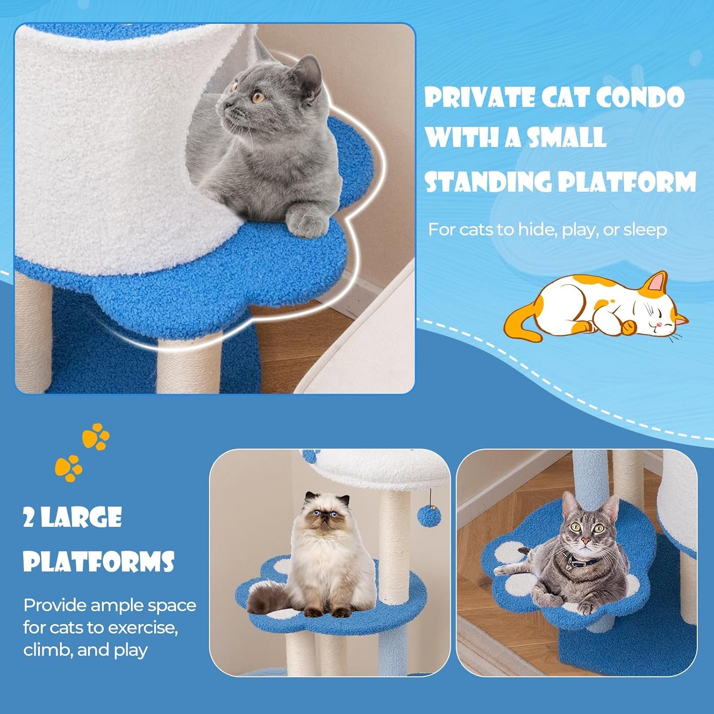 Tangkula Cat Tree Tower, 54 Inch Tall Cat Tree with Cat Condo, Hammock, Dangling Ball, Plush Fabric Top Perch, Cute Cat Tower with Sisal Scratching Post for Indoor Cats Large Adult