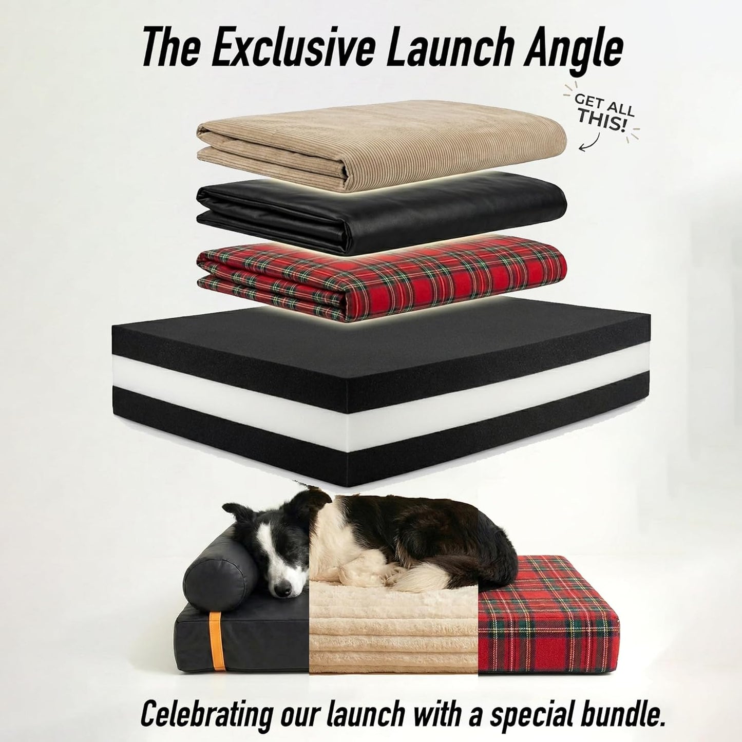 Orthopedic Dog Bed with 3 Interchangeable Covers (Leather, Plush, Plaid) – 4.4" Thick Waterproof Memory Foam Pet Mattress for Medium to Large Dogs up to 70lbs – 4-Season Washable Bundle