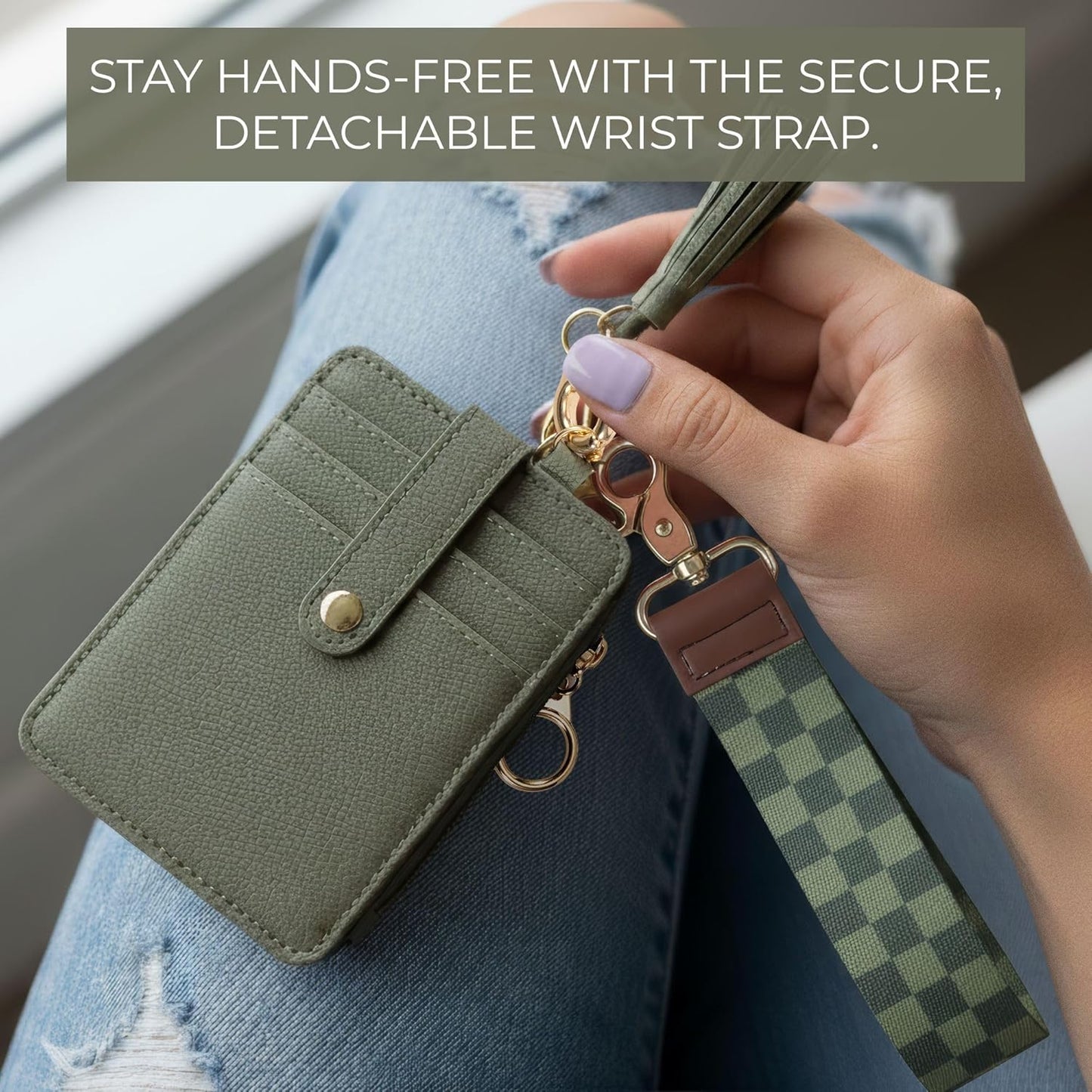 Stylish Wristlet Keychain Wallet for Women - Slim Design Credit Card Holder w/ Plenty of Storage incl. Clear ID Window & Zipper Pocket - Easy Carry RFID Blocking Wallet w/ Tassel, Lanyard & Gold Rings