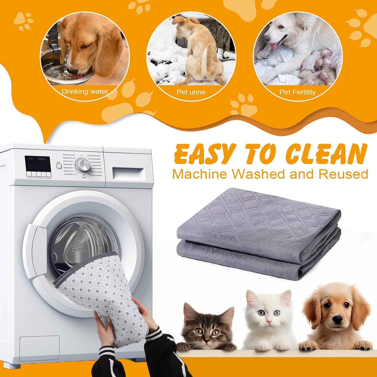 24x18 in Washable Pee Pads for Dogs,2 Pack Reusable Puppy Pads,Waterproof Non-Slip Pet Pee Pads ,4 Layer Design Pet Training Pads for Dogs, Cats, Bunny(Grey