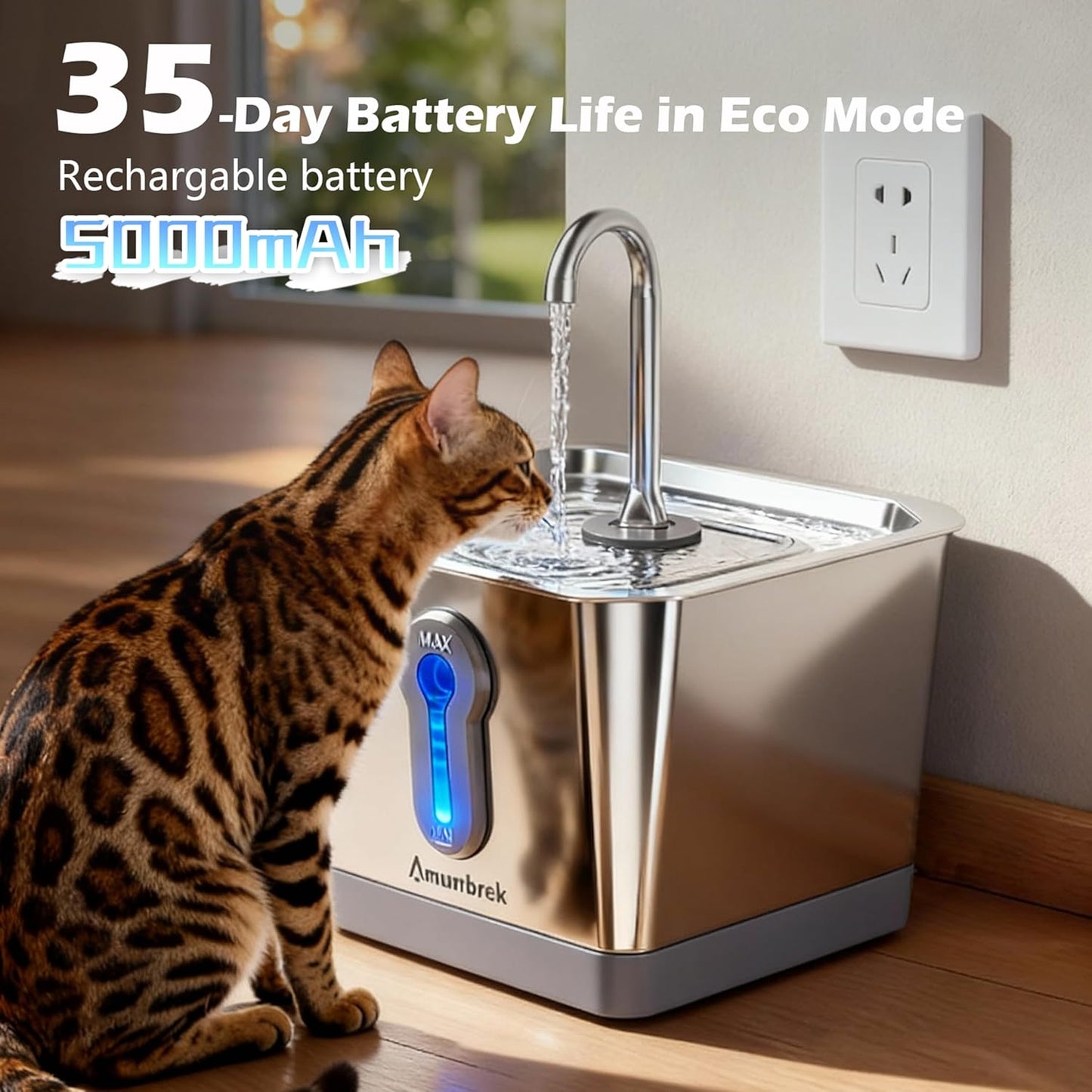 Wireless Cat Water Fountain, 3.5L Stainless Steel, Smart App & Motion Sensor Control, Battery Operated, Silent Pump, Low Water Alert & Drinking Tracking
