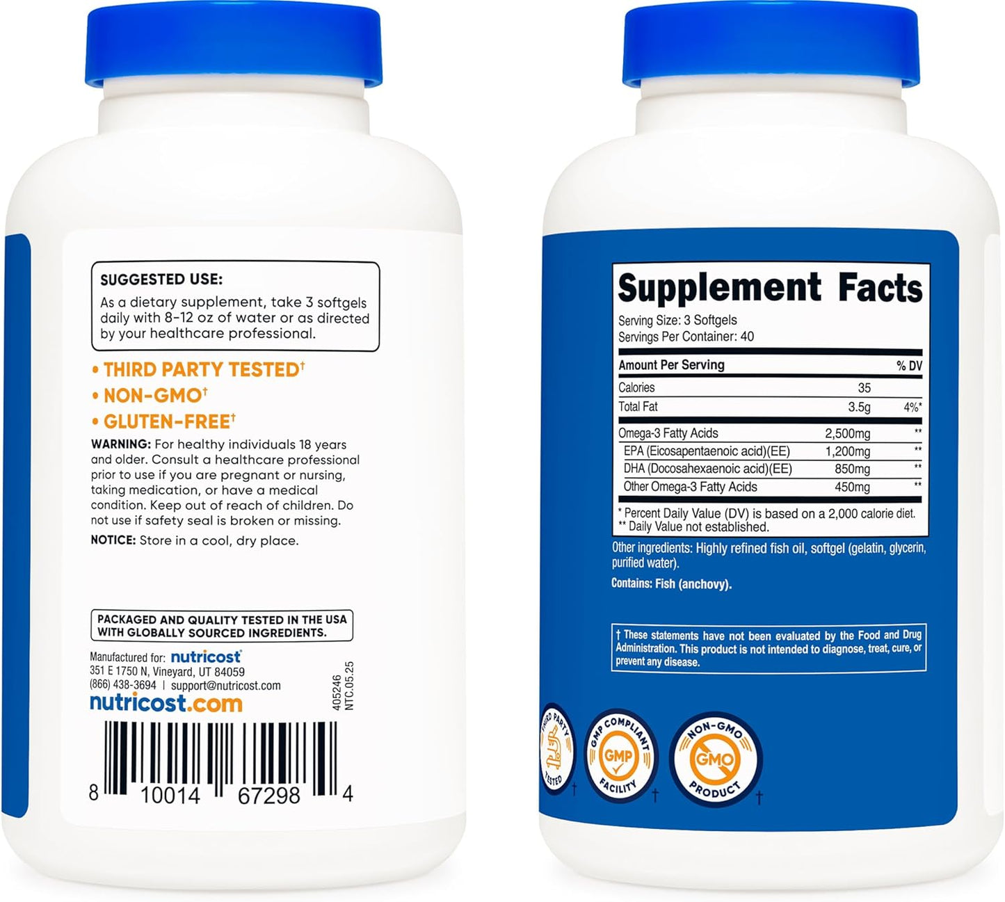 Nutricost Omega 3 Fish Oil - 2500MG, 120 Softgels (40 Serv) - Fish Oil, Wild Caught! 1200mg EPA 850mg DHA - Non-GMO, Gluten Free