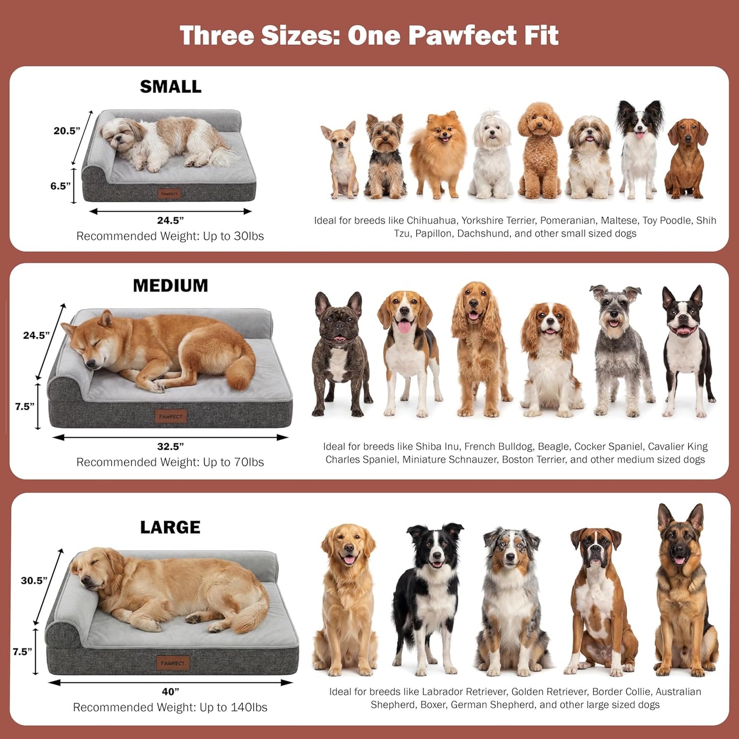 Pawfect Orthopedic Dog Bed for Medium, Large & XL Dogs, 7” High Density Memory Foam Pet Bed with Waterproof Liner, Double Removable Washable Covers, Bolster Dog Couch Bed with Non-Slip Bottom (Small)