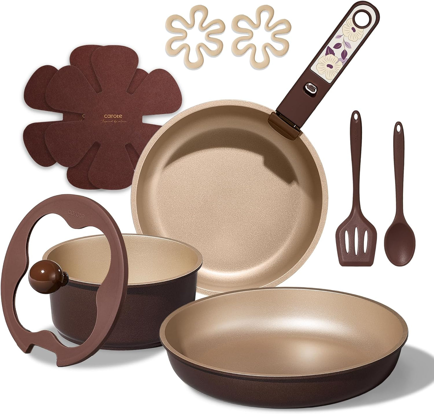 CAROTE 11pcs Ceramic Cookware Set, Pots and Pans Set Non stick, Induction Kitchen Cookware with Removable Handle, RV Dishwasher ＆ Oven Safe, RV/Camping Cookware, PFOA Free, Brown