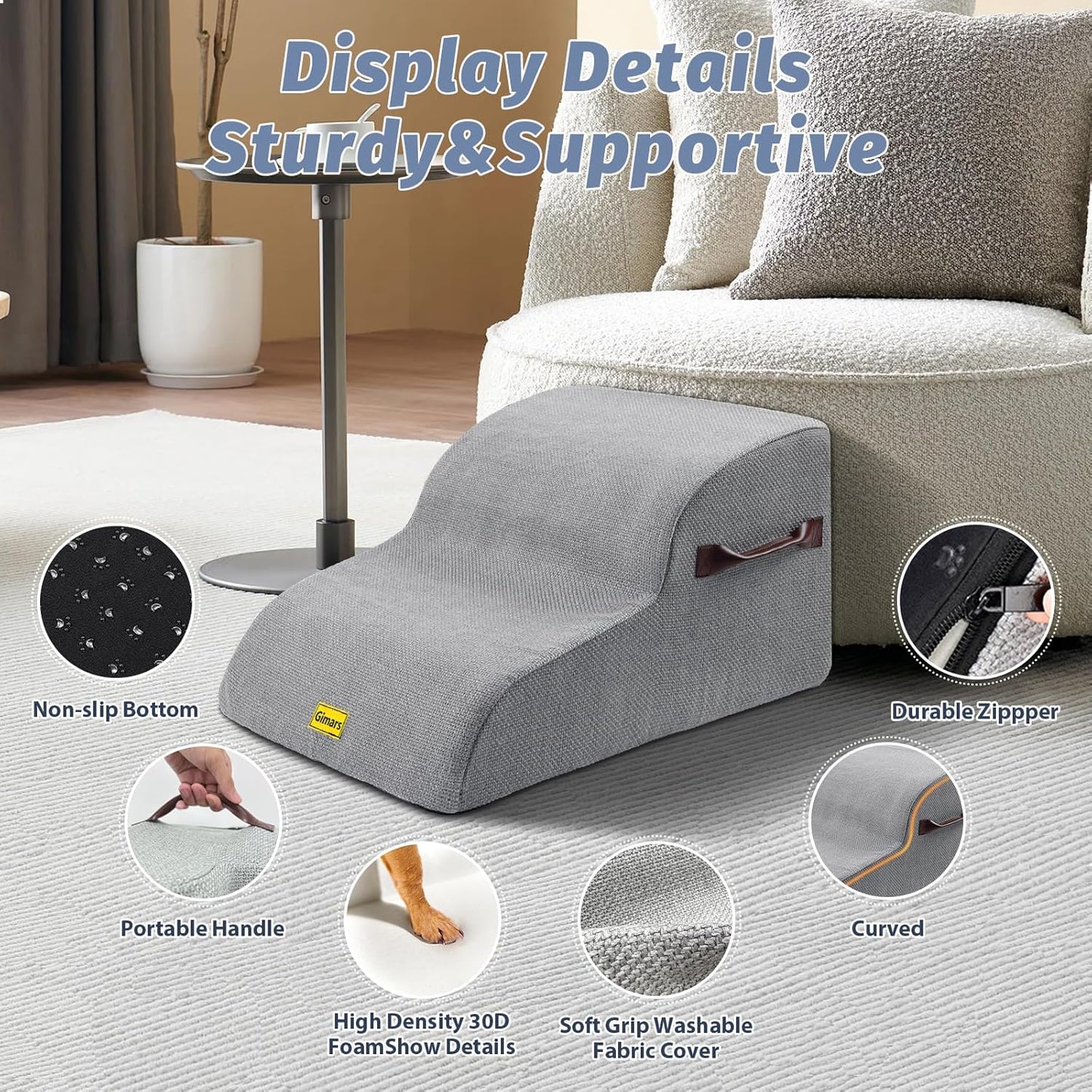 Gimars Extra Wide Sturdy 30D High Density Foam Dog Stairs for Sofa, Pet Stair for Small Medium Dog, Non-Slip, Easy Clean Removable Washable Cover