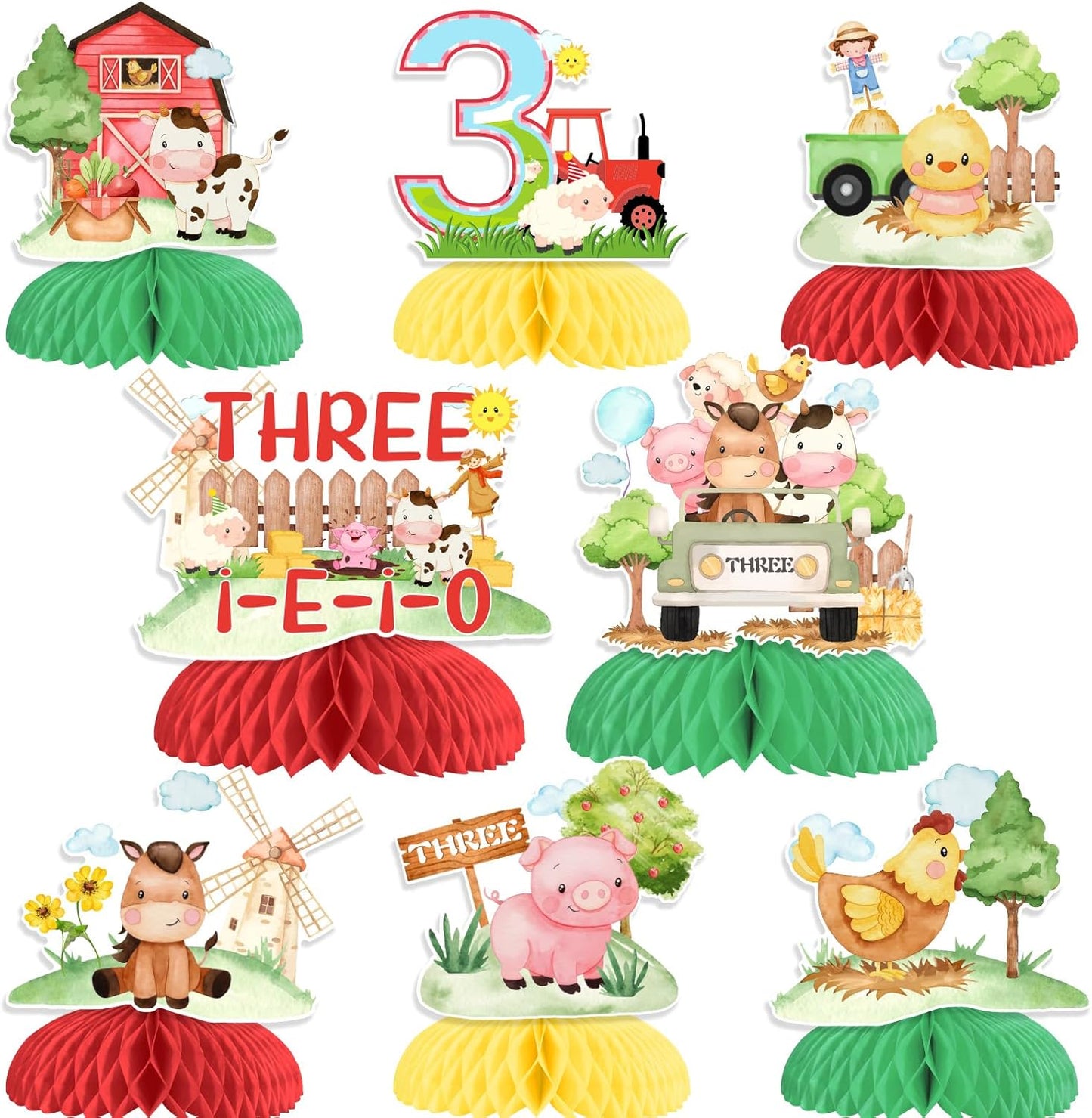 Farm Animal 3rd Birthday Decorations, 8PCS Three i e i o Farm Animal Table Decorations Honeycomb Centerpieces Farm Theme Table Toppers for Boys Girls 3rd Barnyard Birthday Party Supplies