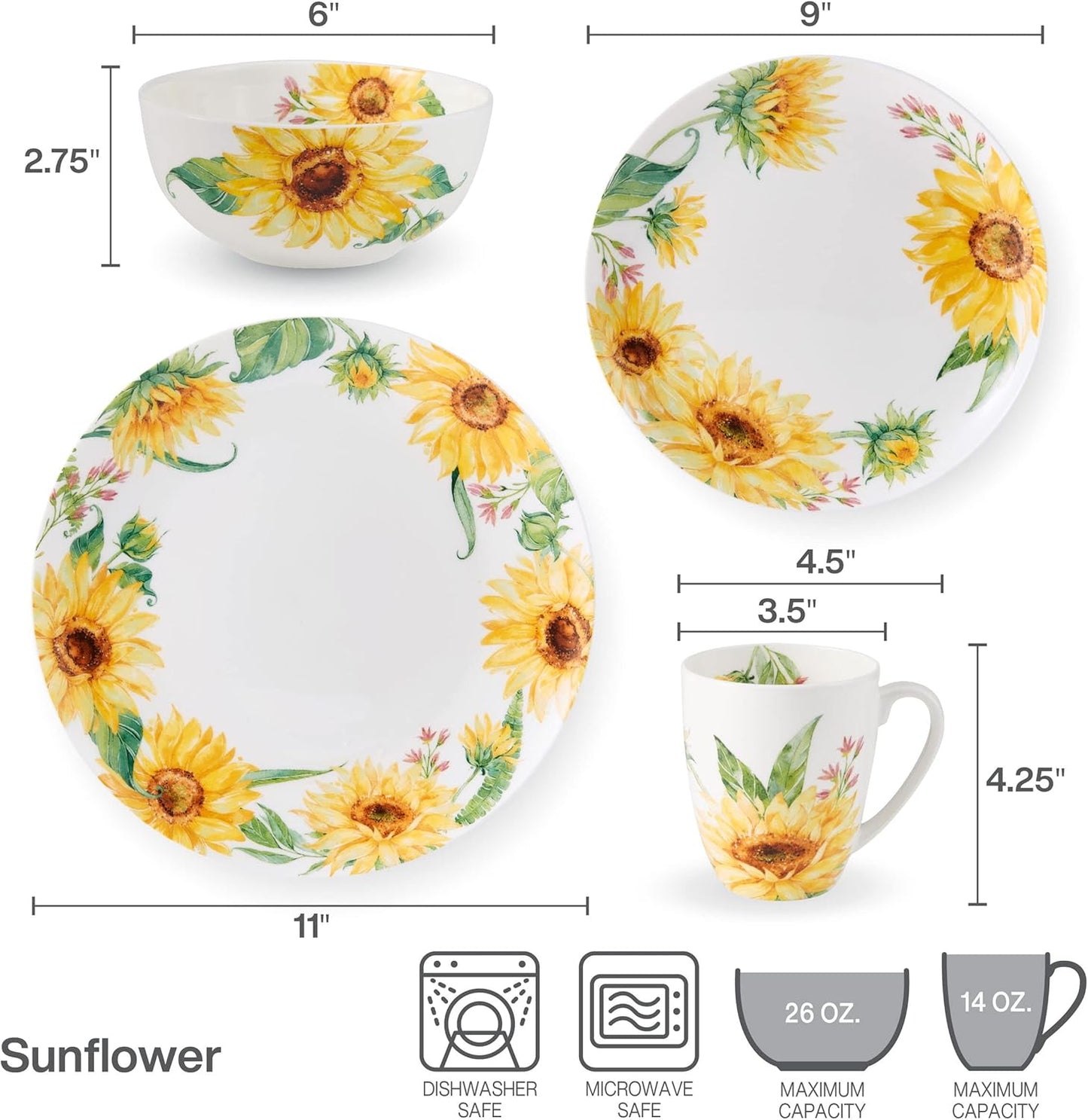 Mikasa Sunflower Bone China Lightweight Chip Resistant 16 Piece Dinnerware Set, Service for 4, Multicolor