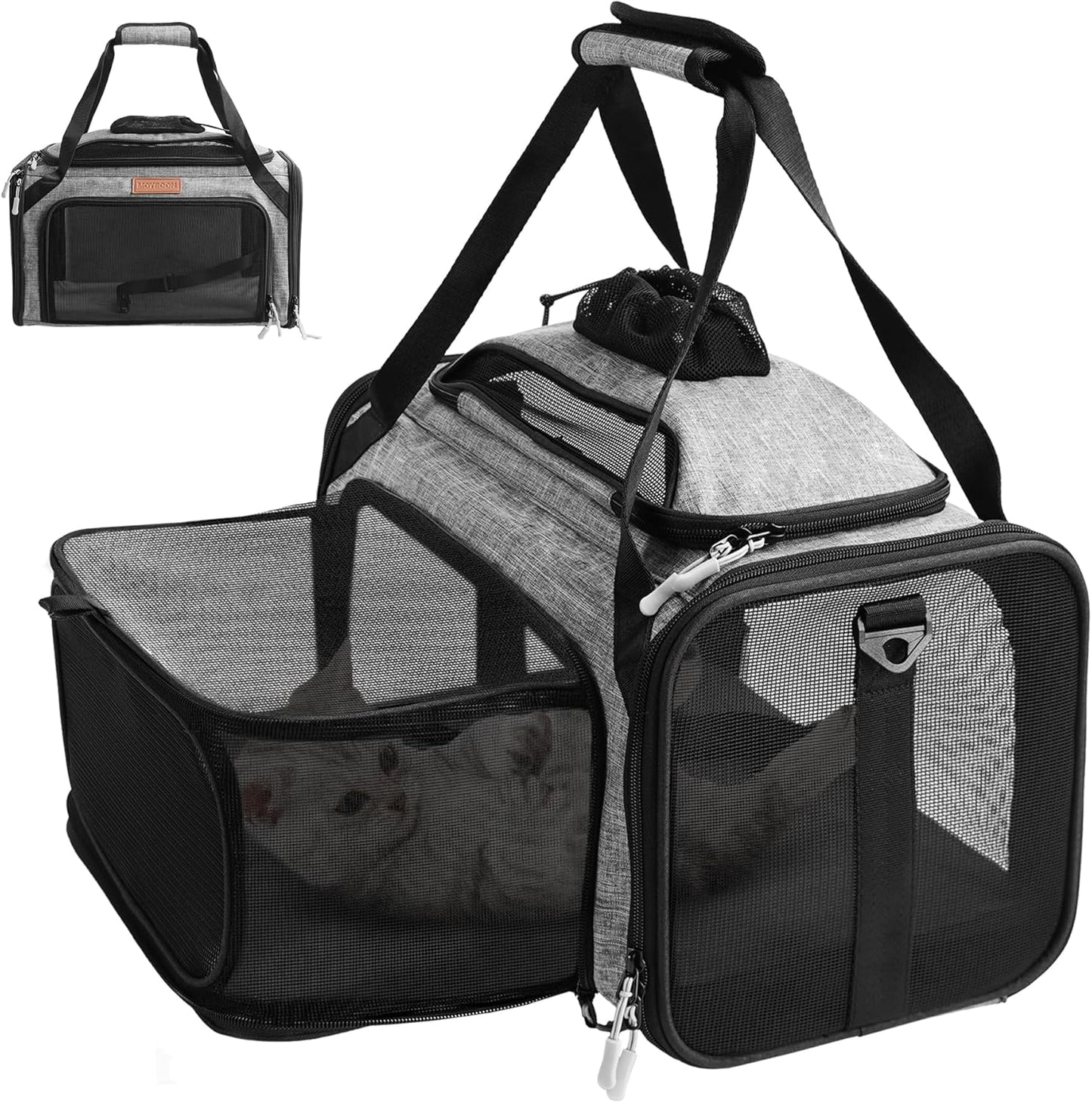 PETUX Top and Side Expandable Pet Carrier for Small Pets Up to 10 lb - 17 x 11 x 9.5 in, Underseat, Soft-Sided Airline Approved Cat Dog Carrier, with Safety Buckle and Anti-Scratch Mesh - Grey