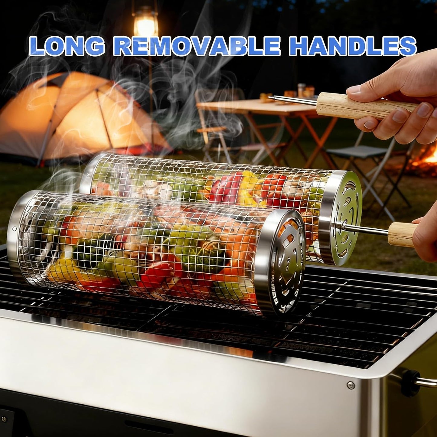 Rolling Grill Basket 2-Pack, Premium 304 Stainless Steel, Removable Wooden Handles, Upgrade Rolling Grill Baskets for Outdoor Grill, BBQ Grill Accessories for Camping/Backyard Cooking, Ideal Gift for Dad/Husband
