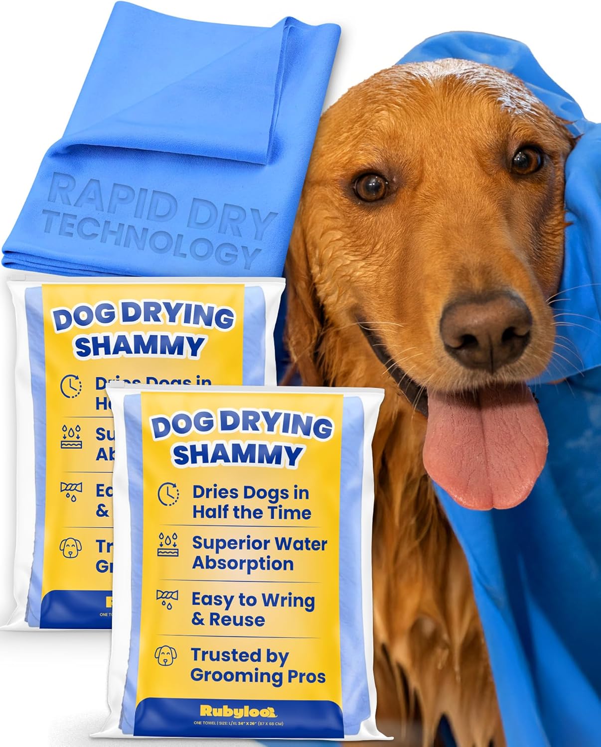 rubyloo Shammy Dog Towels for Drying Dogs Large - 2pk (34" x 26") - Ultra Absorbent Technology Dries Dogs 2X Faster - Easy to Wring Out & Reuse - Compact for Bath, Swim, Rain, Travel, Cooling
