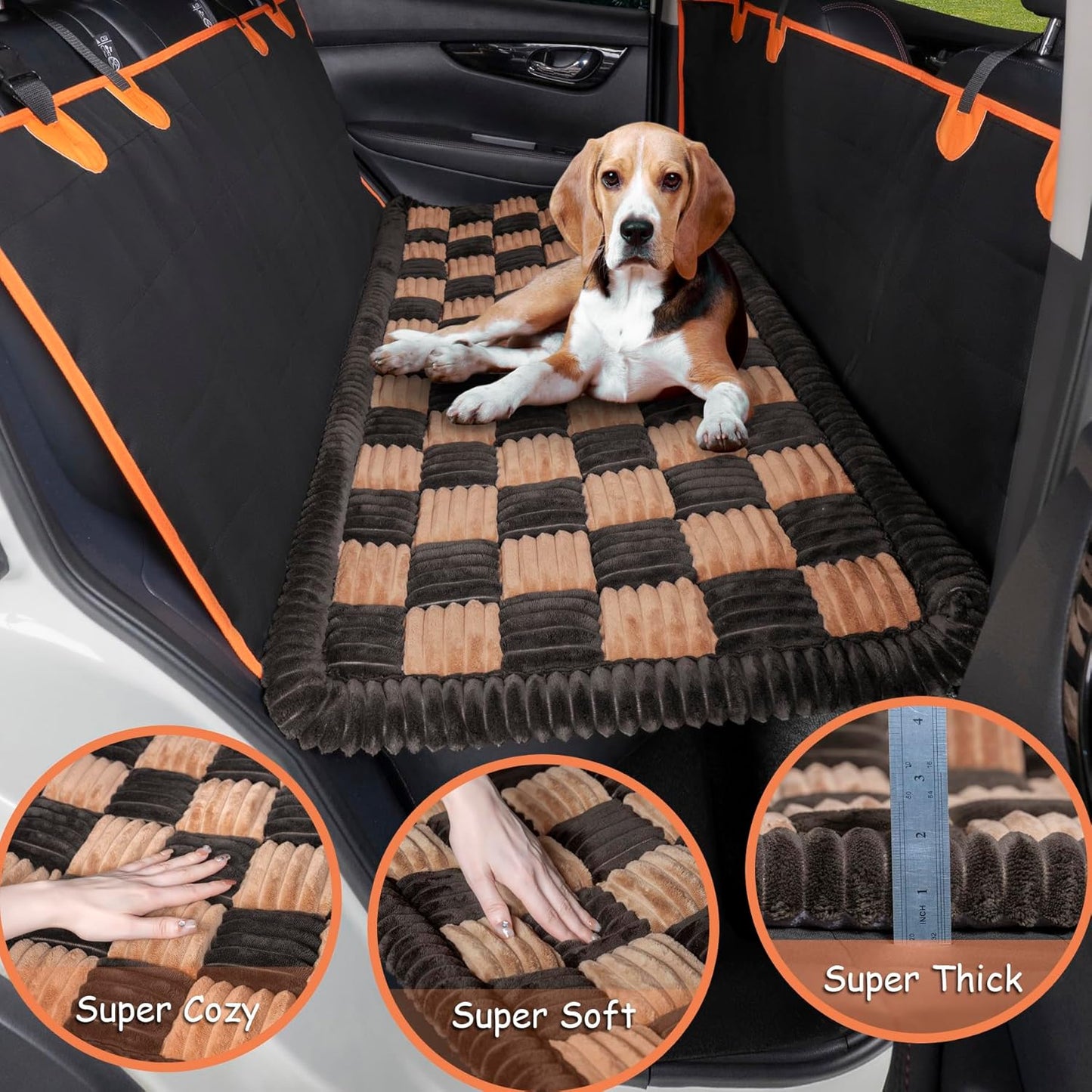 Dog Bed for Car Back Seat, Non-Slip Backseat Dog Car Bed Mat, Soft Furry Travel Pet Mat, Washable Blanket Custom Fit for Backseat Extenders and Hammock Seat Covers(54"×25" Brown)