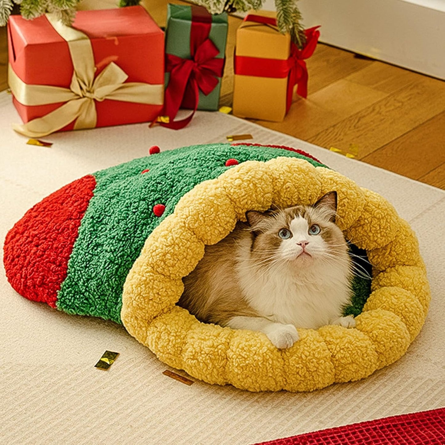 Winter Warm Cats Bed Christmas Theme Soft Foam and Removable Cover Shelter House Rest Bed for Small Animal Home Decors Festival Pet House