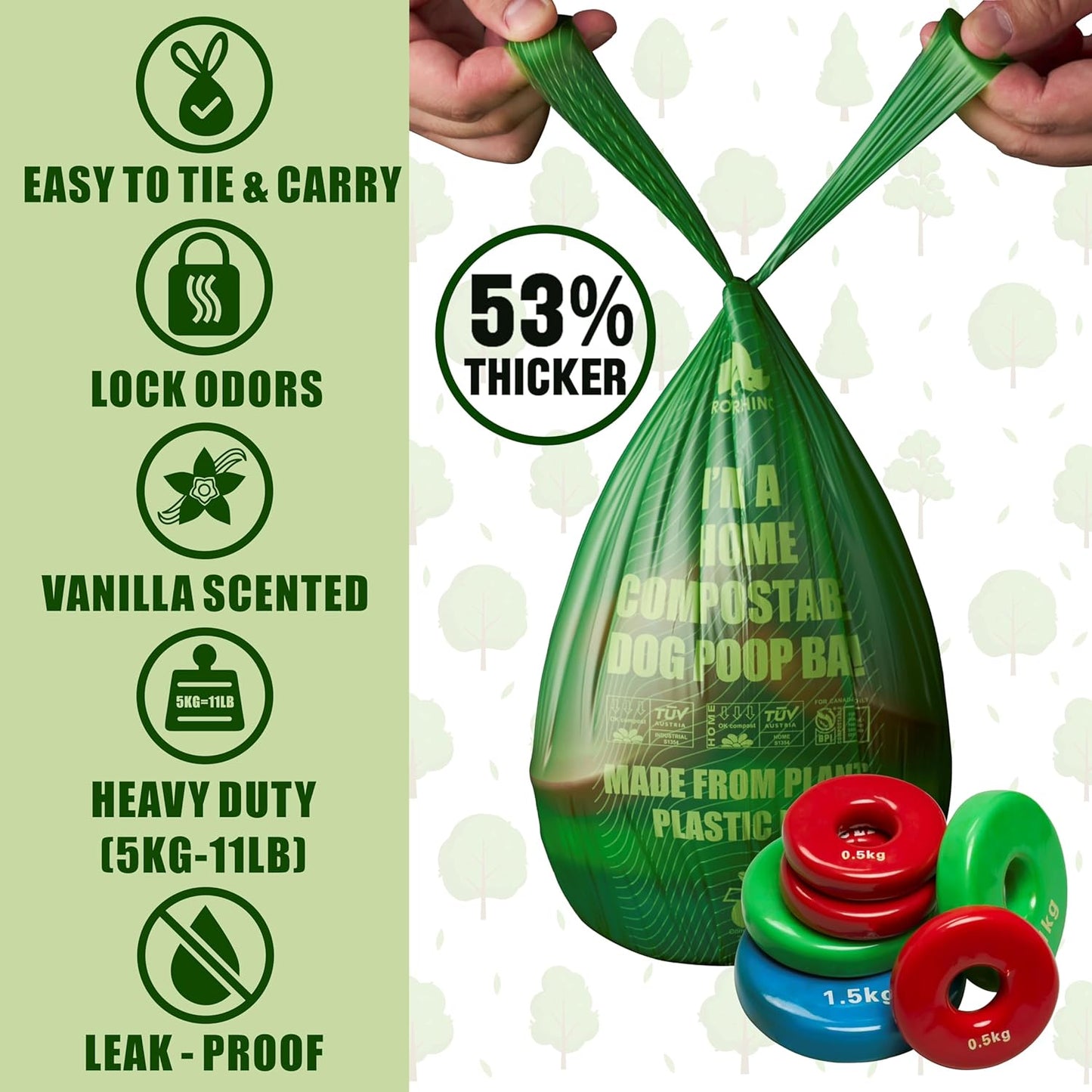 Ultra Thick & Deep RockRhino Dog Poop Bags for Large & XL Breeds | 4-Layer Interlocking Bottom | 100% Home Compostable, 0% Plastic | Vanilla-Scented | 60 Bags, Easy Open Tie Handles, Not for Scooper
