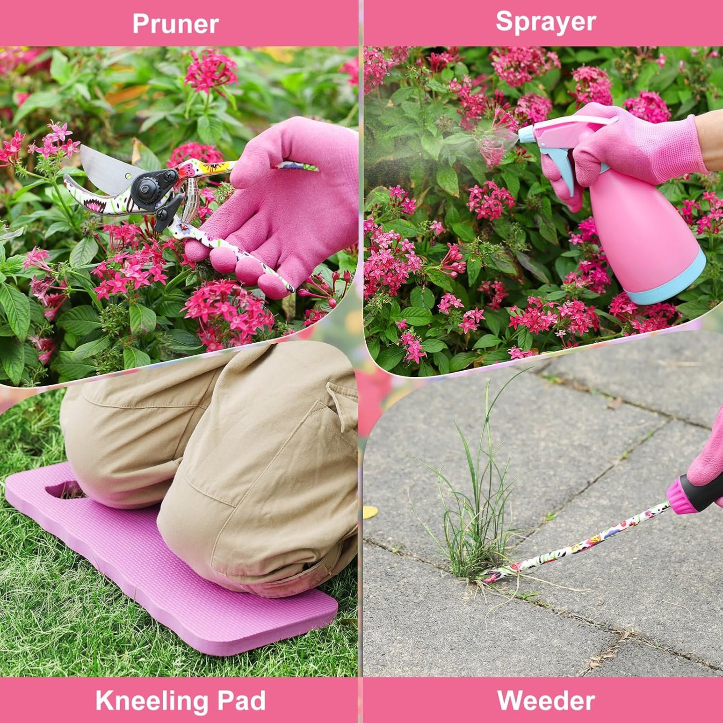 Housolution Gardening Tools Set, 10 PCS Stainless Steel Heavy-Duty with Non-slip Soft Rubber Handle with Large Garden Bag, Floral Pattern Gardening Tool Set Gifts for Women Birthday Mother's Day, Pink